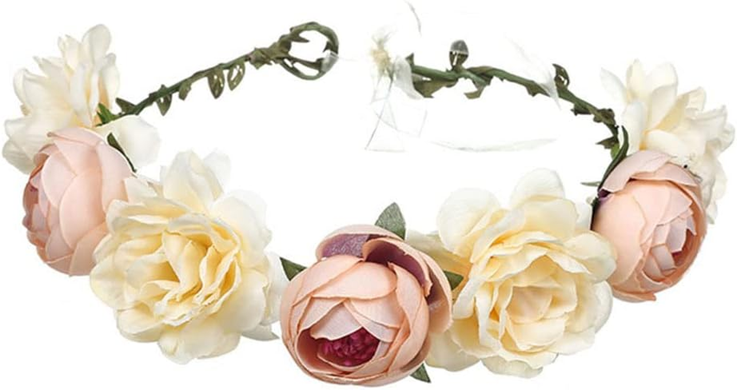 AWOCAN Flower Crown Headband Women Flower Headpiece Boho Artificial Flowers Bridal Flower Headband Wreath Crown for Wedding Festival Party Photography (Beige) - Red image number 3