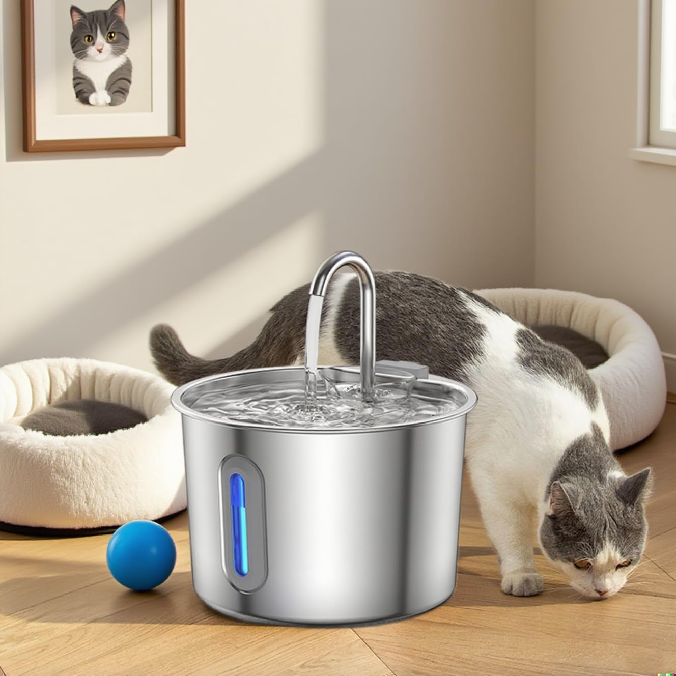 Cat Water Fountain Stainless Steel, 74Oz/2.2L, Cat Fountain Inside, Automatic Dog Watering Dispenser Bowl, Pet Feeding & Watering Supplies, Water Level Window image number 5