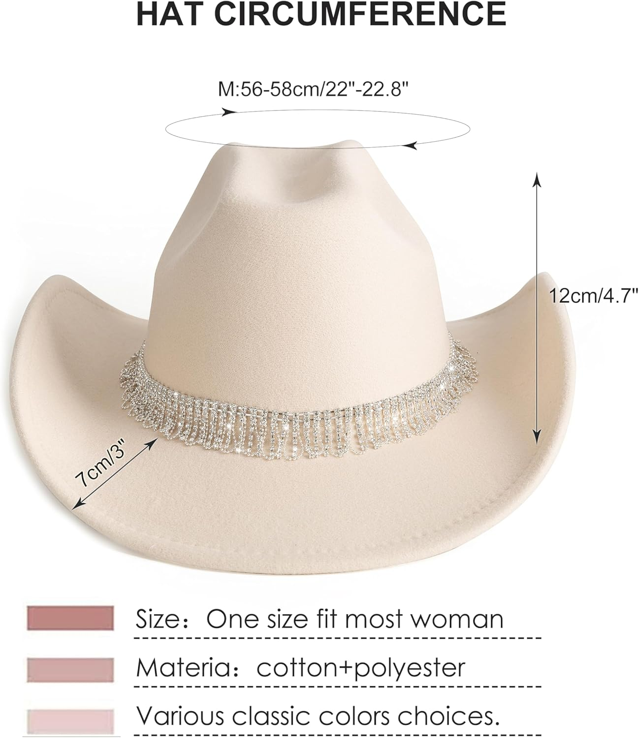 MTKCM White Cowgirl Cowboy Hat Wide Brim Bling Rhinestone Party Cap - S1-Khaki image number 2