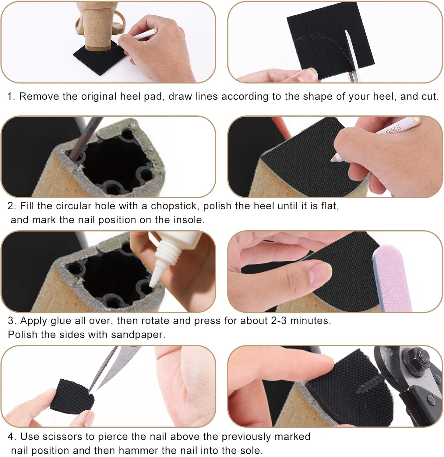 8Pcs High Heels Patches, Non-Slip Rubber Square Heel Repair Square Sole Repair Pads for Boots Sandals & Dress Shoes image number 5