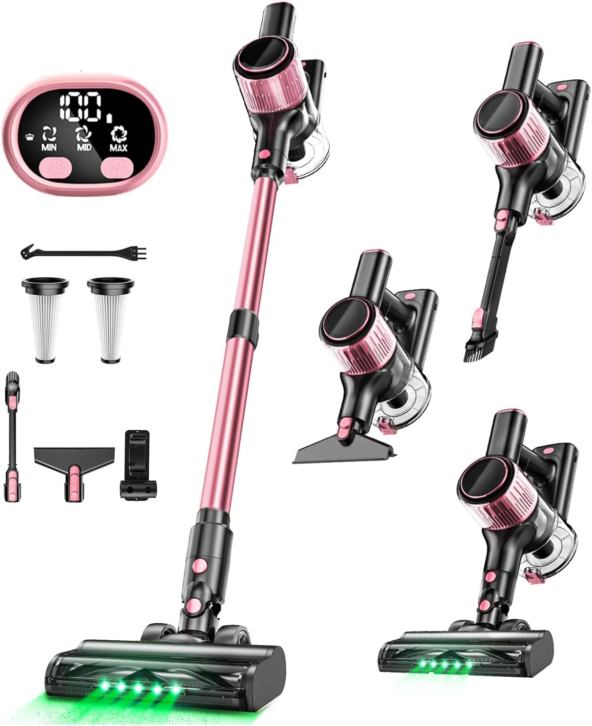 Cordless Vacuum Cleaner, 8 in 1 Powerful Suction Lightweight Vacuum Cleaner for Home, LED Display, 3 Suction Modes, 40Mins Detachable Battery Vacuum for Hard Floor Carpet Pet Hair, Pink