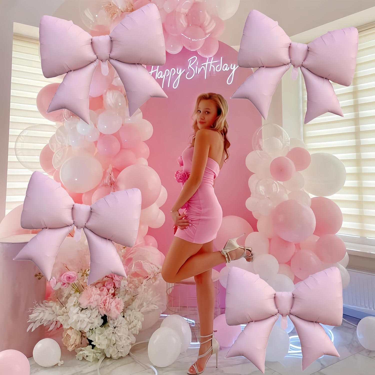 4 Pcs Giant Pink Bow Balloons/Coquette Birthday Party Supplies/Pink Bachelorette Bridal Engagement Wedding Anniversary Supplies for Women - Black image number 4
