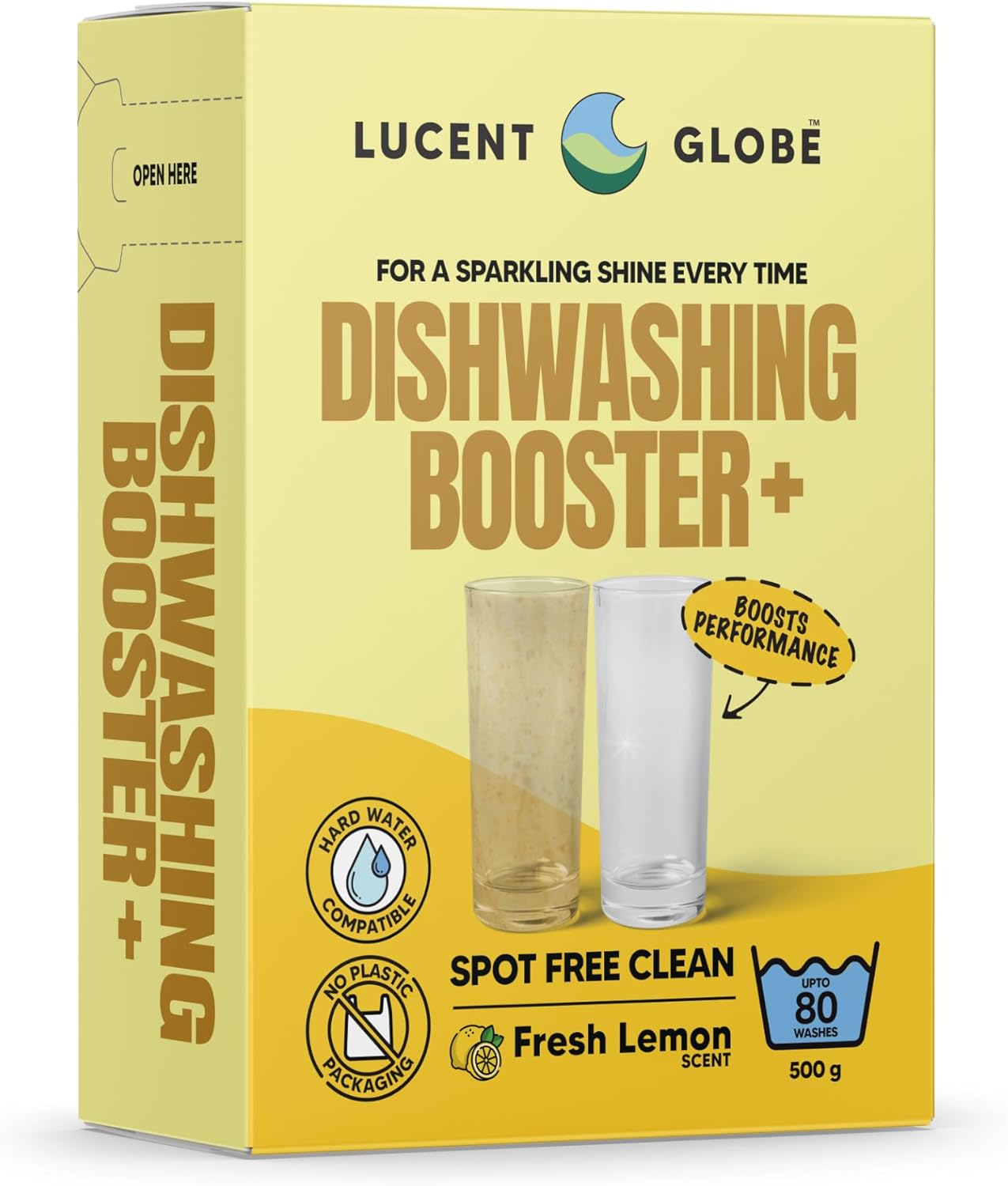 Lucent Globe Dishwashing Booster+ Powder &ndash; Fresh Lemon Scent &ndash; Spot-Free Finish, Hard Water Compatible, 100% Plastic-Free Packaging, 80 Washes (500G) image number 1