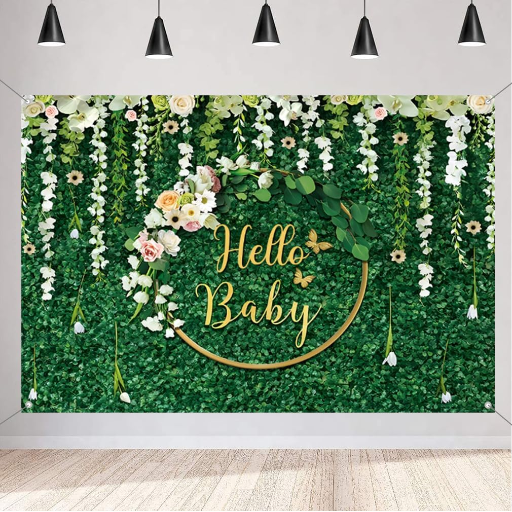 Hello Baby Background for Baby Shower Green Leaves Gender Neutral Children Photography Background Newborn Party Decoration Banner Shooting Prop 150 Cm X 90 Cm image number 4