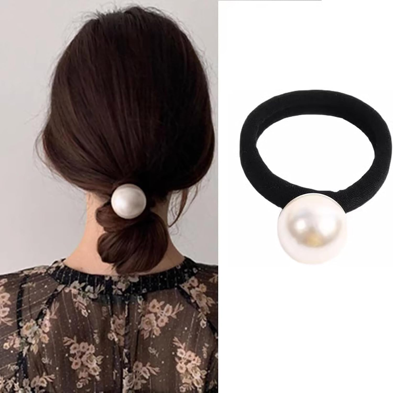 Tseenyi Pearl Hair Scrunchie Large Pearl Hair Rope White Pearl Elastic Hair Scrunchie Single Pearl Stretch Hair Bobbles Bridal Pearl Headwear Hair Rings Large Ponytail Holder Hair Band