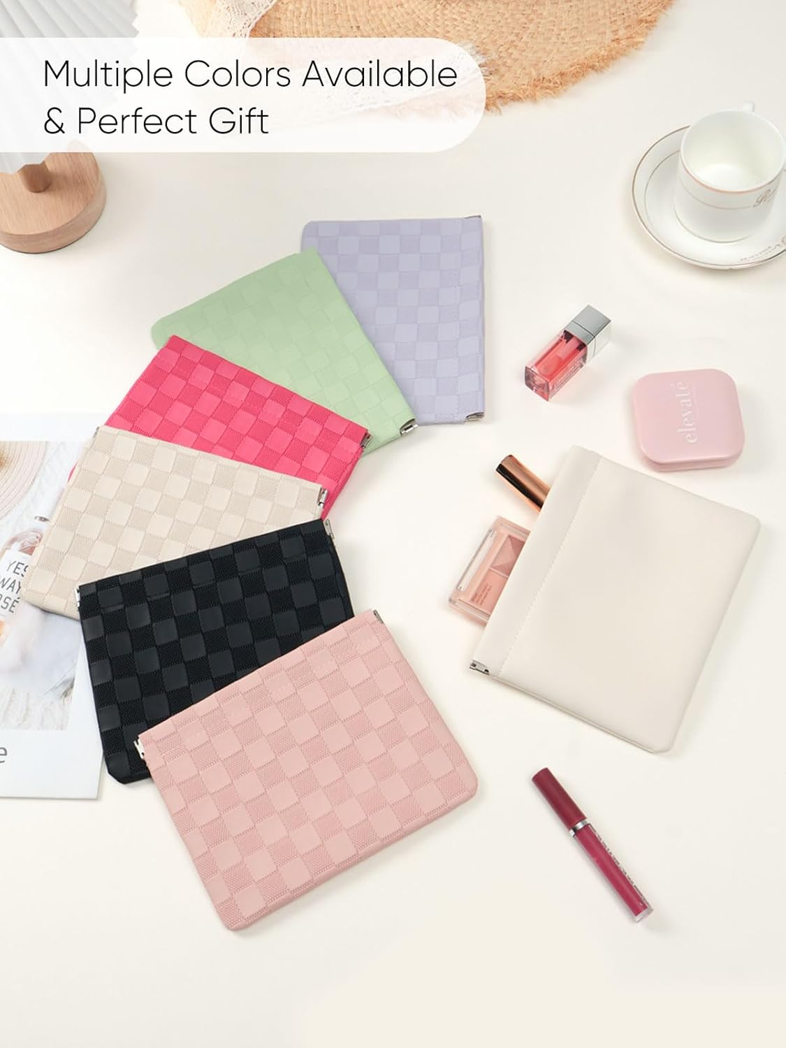 Ksriylm Black Plaid Leather Makeup Pouch for Women Small Make up Bag for Purse Self-Closing Waterproof Initial Checkered Makeup Cosmetic Bags Pouches for Purse Aesthetic Travel Toiletry Bag