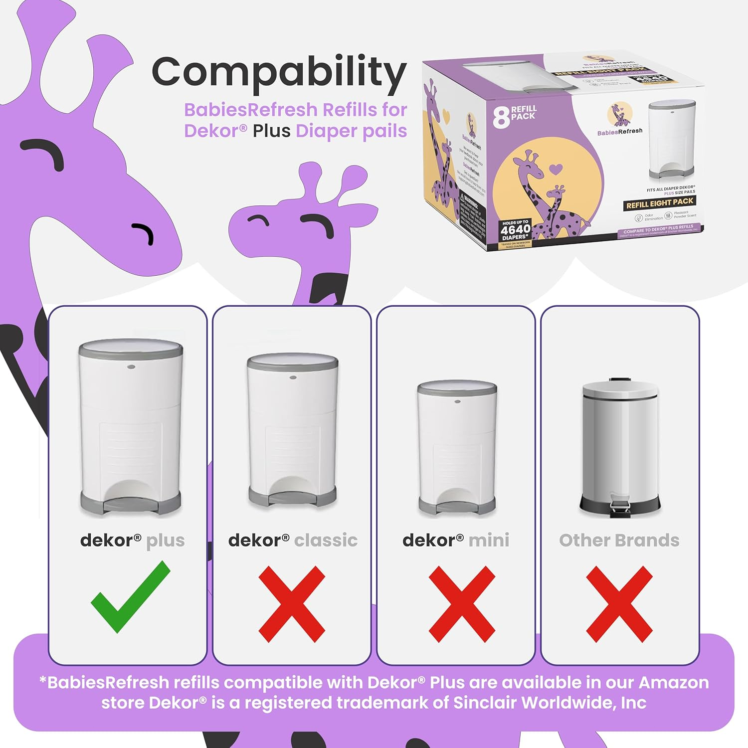 Refills Compatible with DEKOR plus Diaper Pail Refills | 8 Pack | Diaper Pail Odor Eliminator| Fresh Powder Scent | Each Diaper Bag Refill Holds up to 4640 Diapers | Diaper Bin Refill image number 5