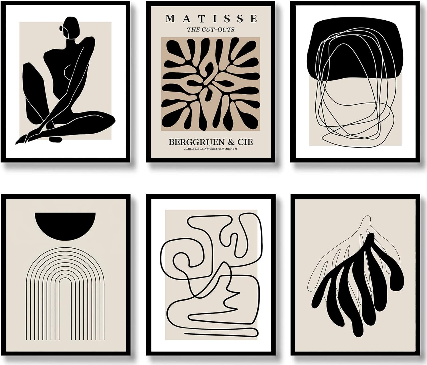 Quzenu Boho Wall Art Mid Century Modern Decor Canvas Prints Set of 6 Black and White Neutral Abstract Boho Wall Decor for Bedroom Living Room Bathroom 8"X10" UNFRAMED