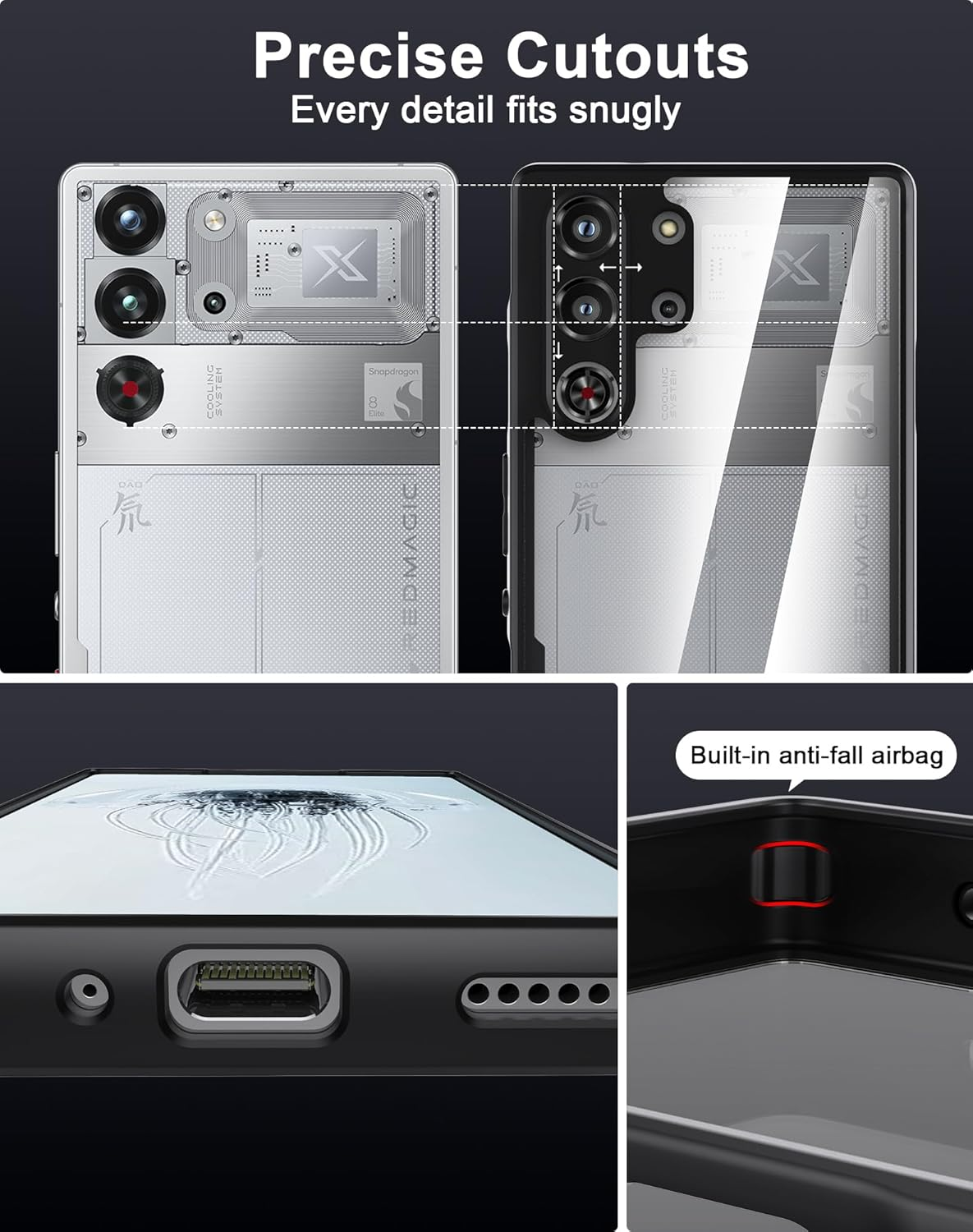 Foluu for ZTE Nubia Red Magic 10 Pro Case/Red Magic 10 Pro+ Case, [Not Yellowing] [Military Drop Protection] Shockproof Protective Slim Thin Cover for Red Magic 10 Pro 2024 (Black+Clear) image number 5