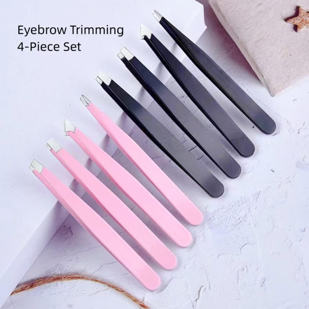 Set of 4 Eyebrow Tweezers, Flat, Slanted, Pointed and Hooked 4 Tweezers for Eyebrow Trimming, Professional Stainless Steel Tweezers for Eyebrow Trimming, Blackhead Trimming, Beard Trimming and More