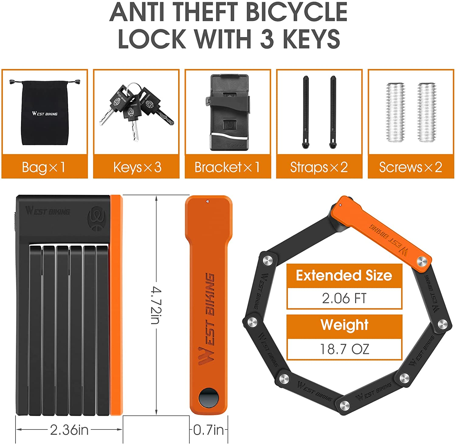 Compact Folding Bike Lock with 3 Keys, 2.06 Ft anti Theft Security Bicycle Locks, Super Strong Bicycle Security Chain Lock with Bracket for Electric Bikes/Scooters