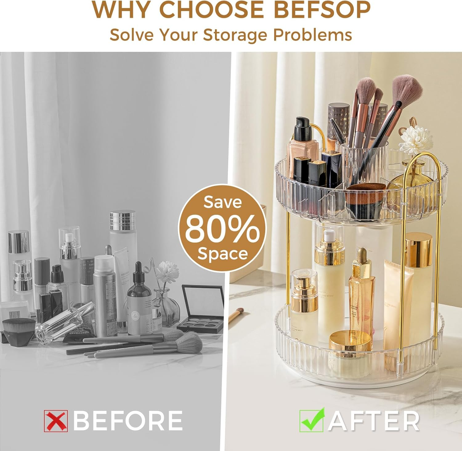 360&deg; Rotating Makeup Organizer, Upgraded 2 Tier Skincare Perfume Organizers for Women, Bathroom Organizer Countertop, Clear Cosmetic Dresser Organizer with Makeup Brush Holder, Sink&Counte (Clear) image number 3