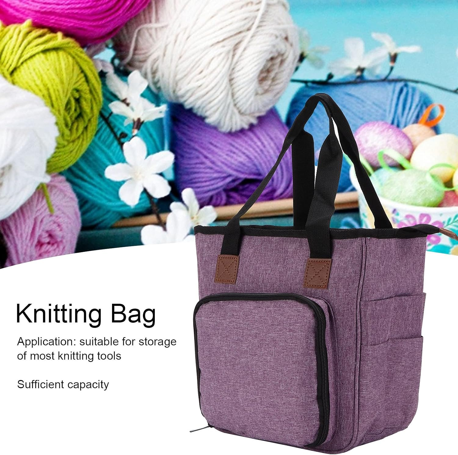 Portable Knitting Bag Organiser - Oxford Cloth Yarn Storage Tote with Multiple Compartments for Crochet Hooks & Needles (Purple)