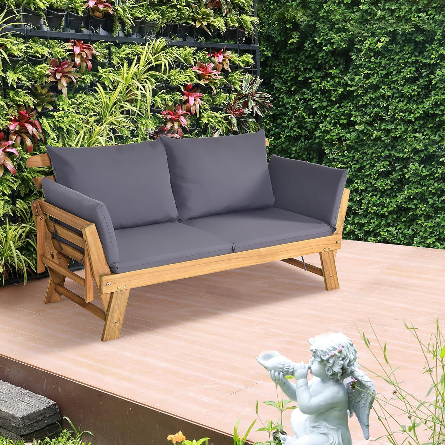 Costway Patio Convertible Acacia Wood Daybed, Couch Sofa Bed W/Adjustable Armrest, Collapsible Chaise Lounge W/Cushions & Pillows, Patio Loveseat for Garden, Poolside, Courtyard (Grey) image number 1