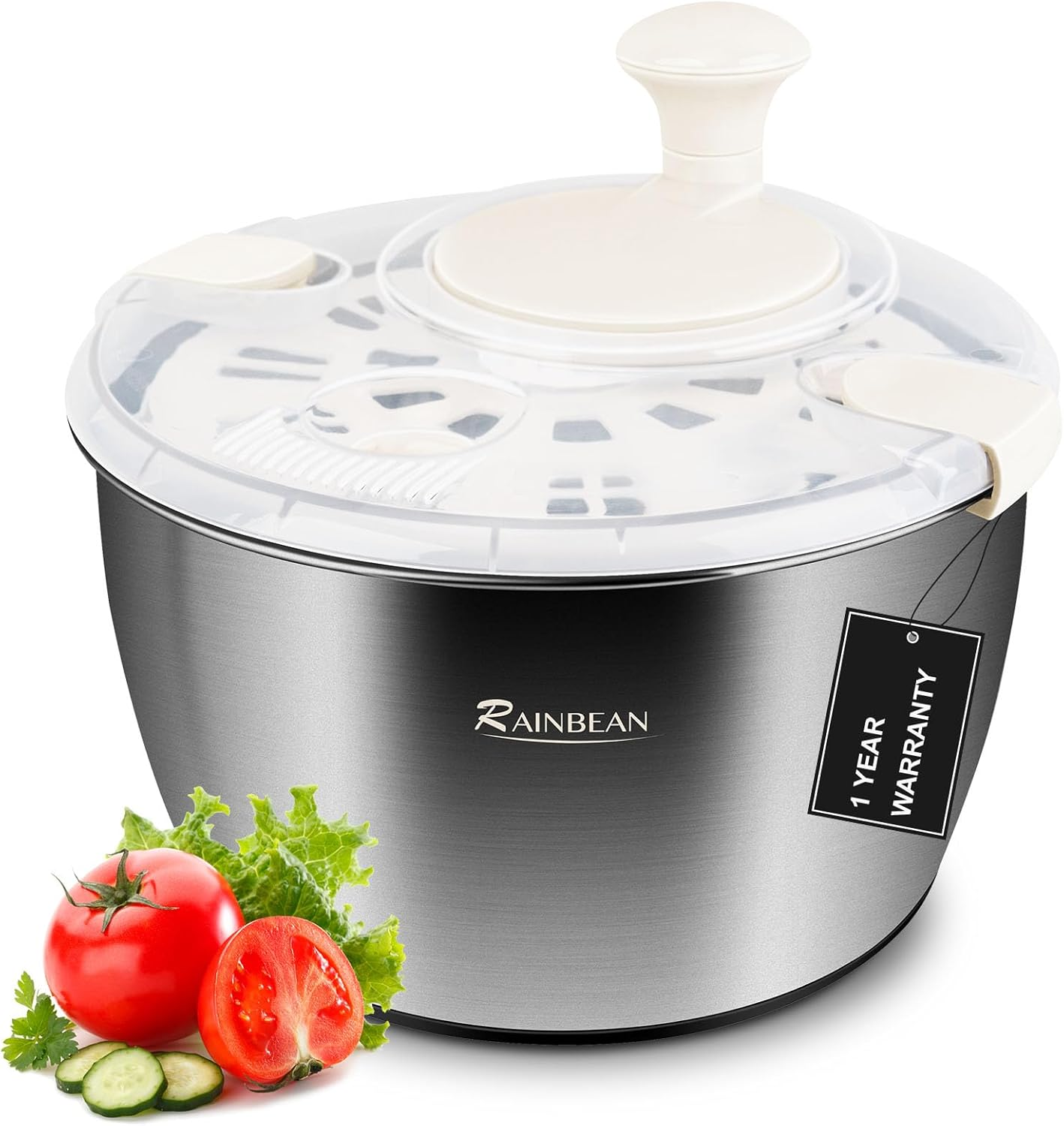 RAINBEAN Salad Spinner Stainless Steel Large, Multi-Use Lettuce Spinner Wash Spin and Dry Fruits and Vegetables with Drain Bowl Colander Spinner (5 Qt) image number 2