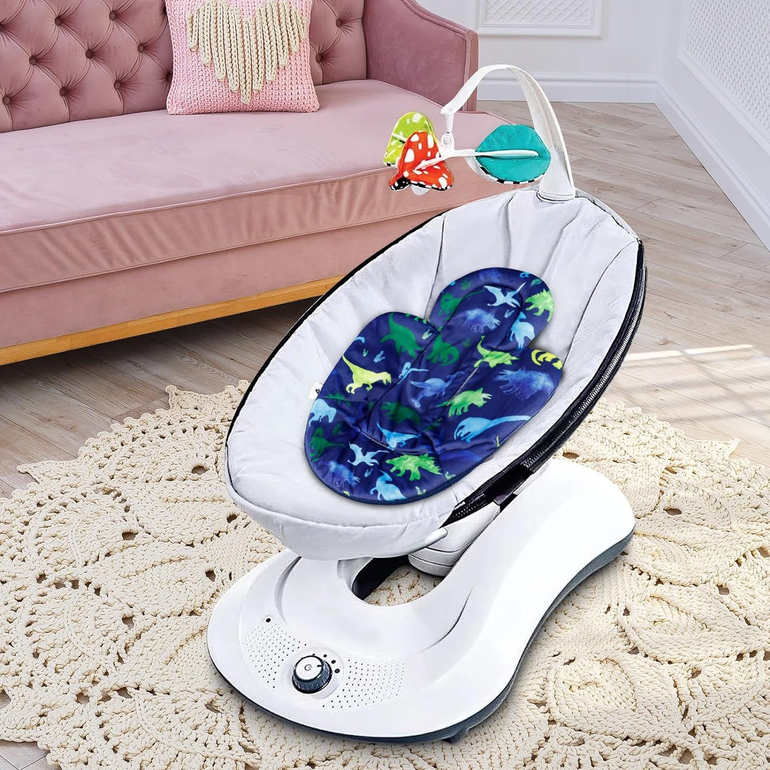 Infant Insert Boys, Newborn Head & Body Support Insert Cushion for Newborn to Toddler, Compatible with 4Moms Mamaroo and Rockaroo Swing, Reversible Design, Minky & Cool Mesh, Soft Breathable, Dinosaur - Purple Flower image number 6