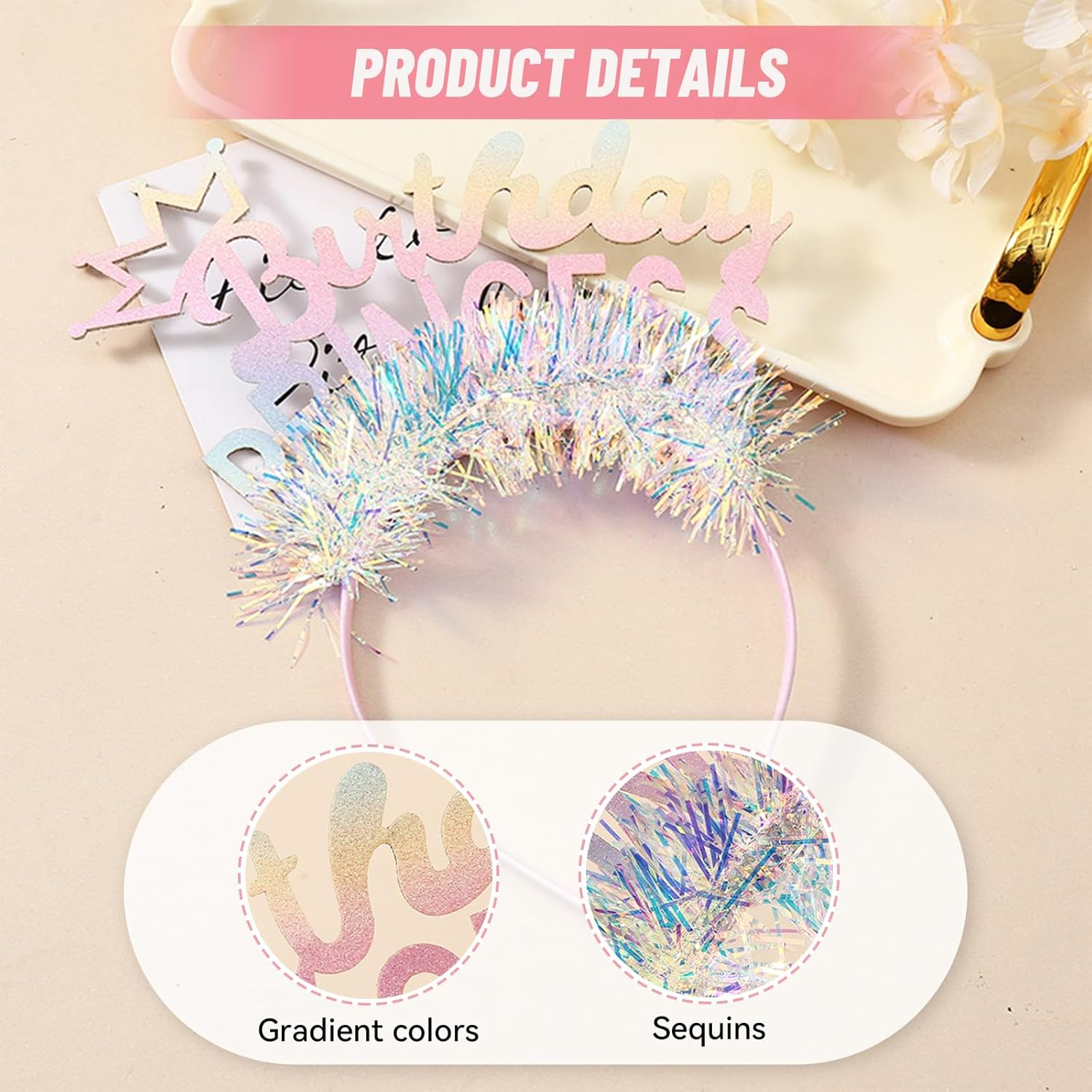 Charmburst Colourful Birthday Crown for Girls, Glitter Headband with Colour Gradient and Fine Fringe for Children'S Birthday, Party or as a Festive Gift image number 5