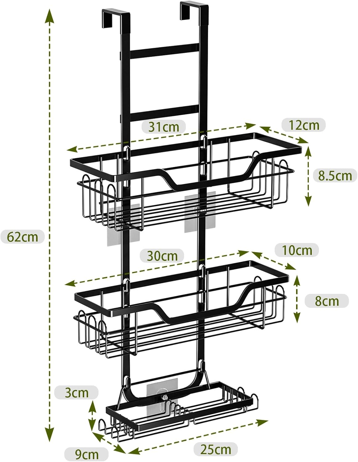 Over the Door Shower Caddy, 3 Tier Hanging Shower Organizer, Metal Hanging Shower Caddy Shower Shelf with Soap Holder and 16 Hooks, Rustproof Bathroom Shower Storage Rack Basket, No Drilling, Black image number 2