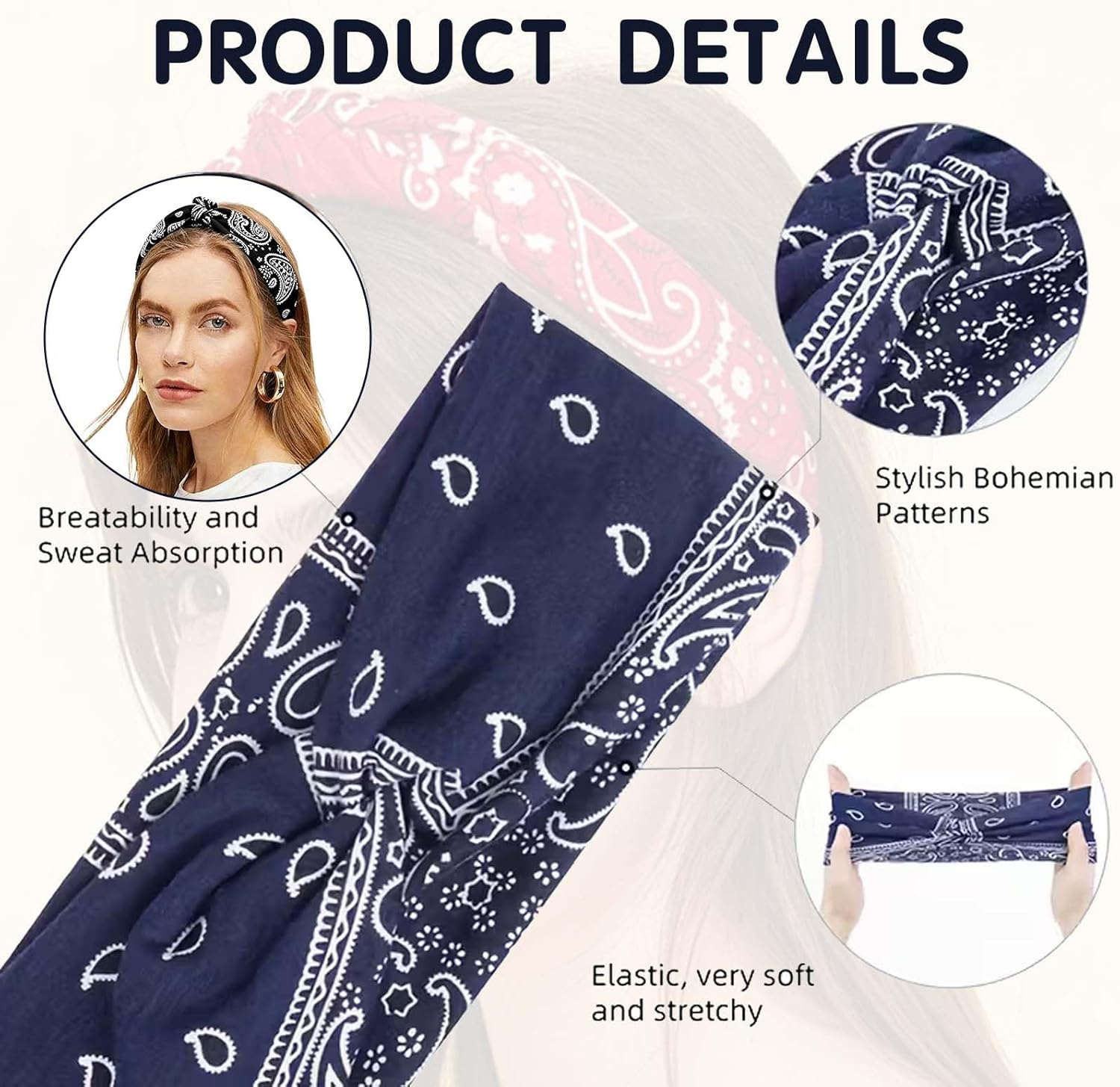 Xanthelle Women'S Headband, 3 Pack Boho Bandana Headband, Summer Headscarf Women'S Hairbands, Non-Slip, Elastic & Soft for Sports, Yoga, Workout & Daily Use image number 1
