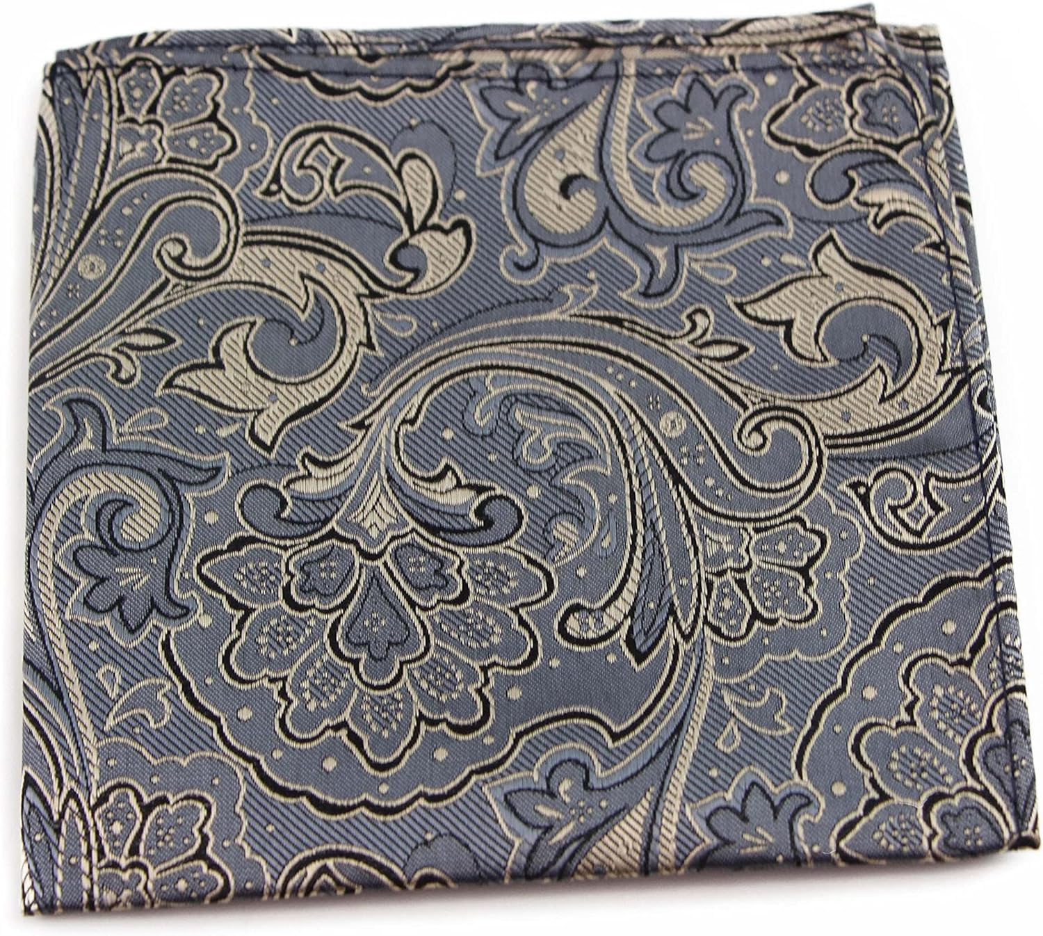 Mens Cream & Silver Boho Paisley Silk Pocket Square Dark Grey, Silver, Black, Cream image number 1