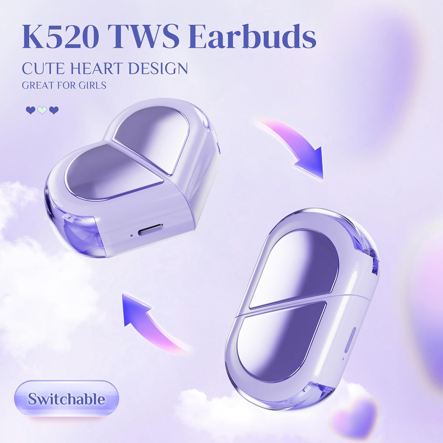 Ttbesmi Purple Heart Wireless Earbuds for Girls Kids, Cute Mini Tiny Small Invisible Earbuds Wireless Bluetooth for Small Ears Canals Women Rose Gold Kawai Blue Tooth Ear Buds for Iphone Android - Purple image number 2