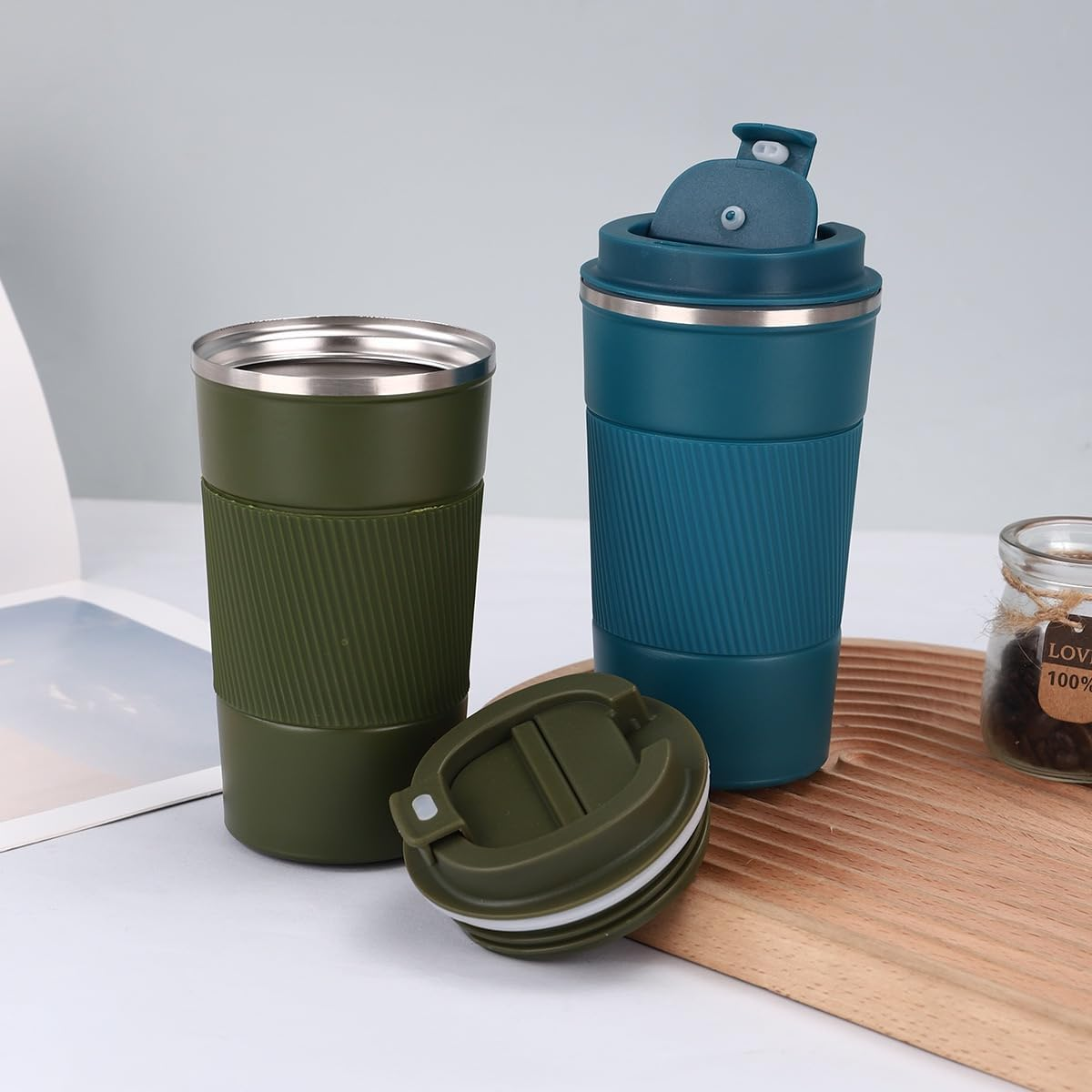 FAMKX Stainless Steel Insulated Travel Mug Flip up Tumbler, Double Wall Vacuum Thermos Cup Keep Drink Cold and Hot (Blue, 17 Ounces) image number 3