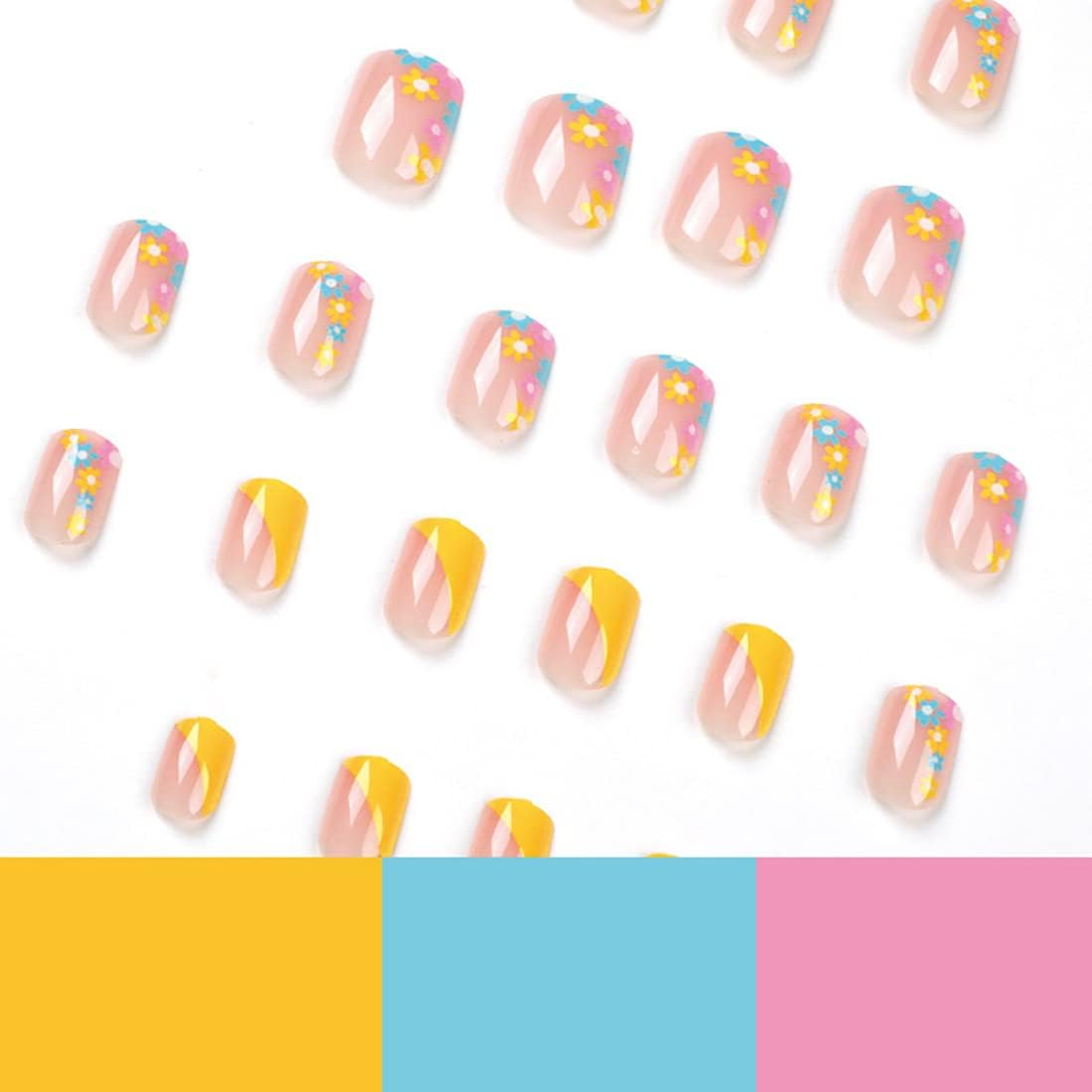 Yellow Short Square Shape Press on Nails, 24 PCS Artificial Fake Nails with Flower Decoration Design Full Cover French False Nails,For Women and Girls Nail image number 1
