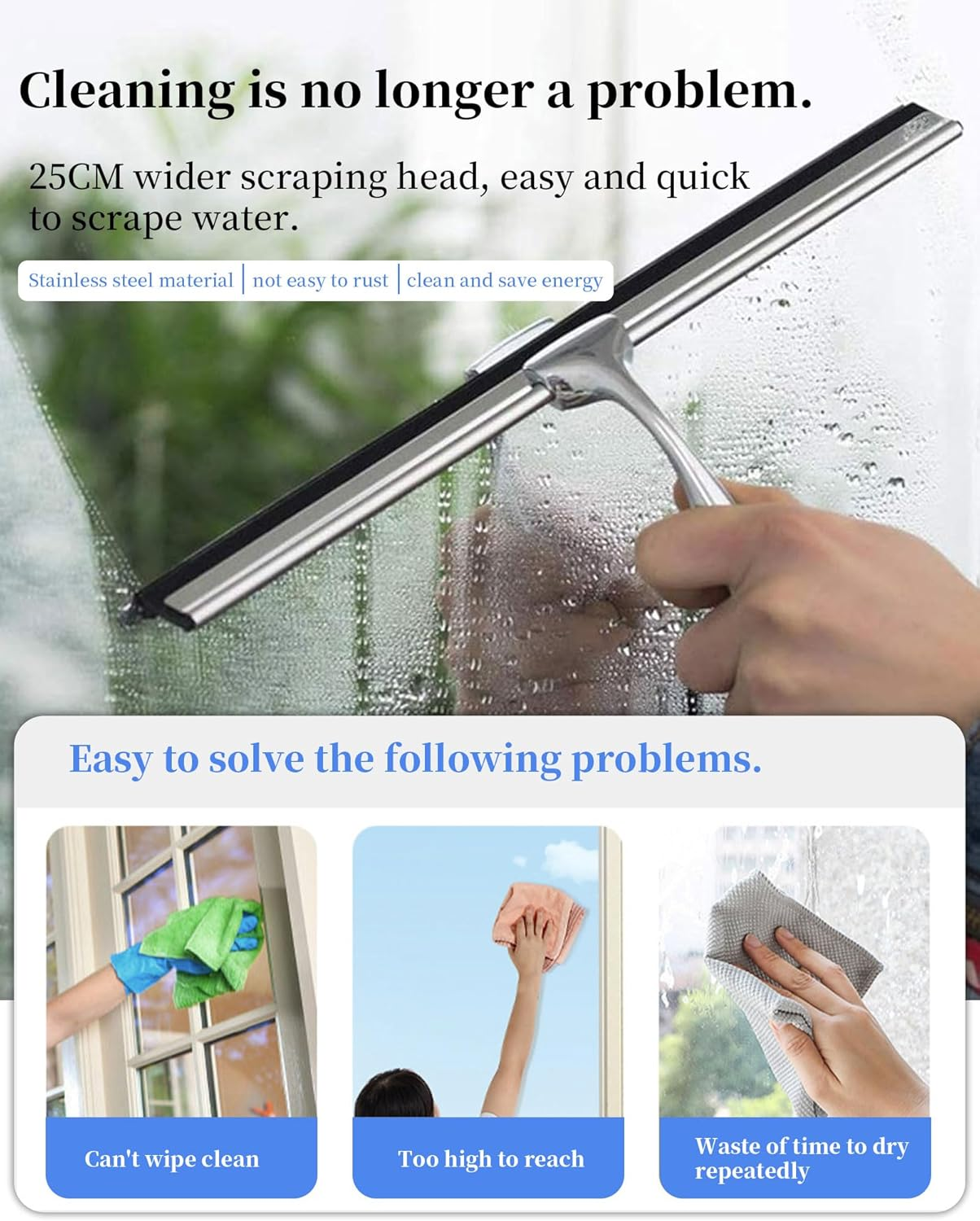 Shower Squeegee with Suction Hanger, 10 Inches Shower Glass Cleaner Wiper, &lrm;Stainless Steel Window Squeegee Scraper for Home Bathroom Kitchen Car Glass Doors image number 2