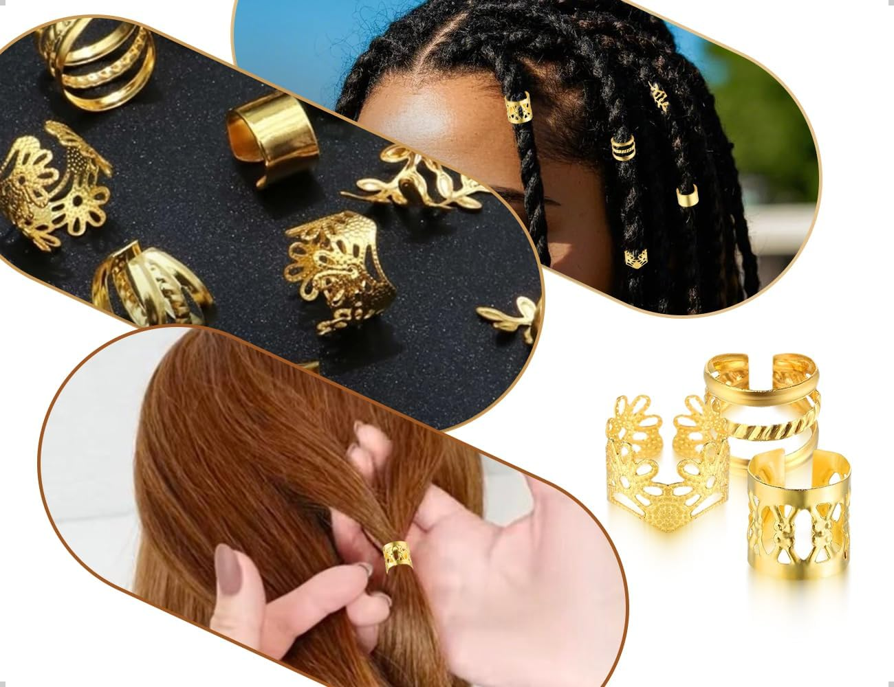 Emezddo Pack of 50 Dreadlocks, Adjustable Metal Cuffs, Hair Accessories, Hair Spiral Clips, Braid Accessories, Used for Men, Women, Girls and Boys (Gold)