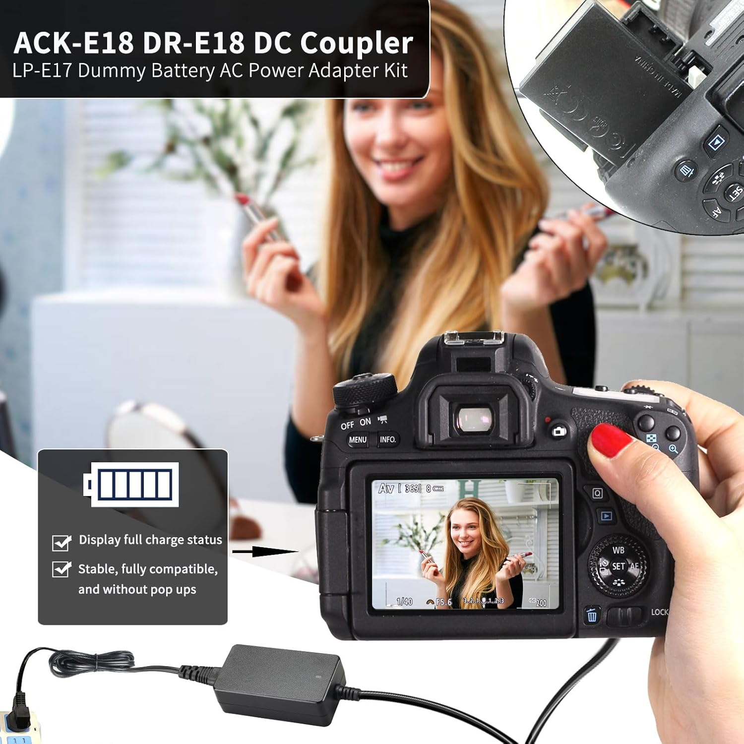 F1TP ACK-E18 AC Power Supply Adapter DR-E18 DC Coupler Kit for Canon EOS Rebel RP R10 R50 R100 T6I T6S T7I T8I SL2 SL3 77D 200D 250D 750D 760D 800D 850D Cameras. image number 4