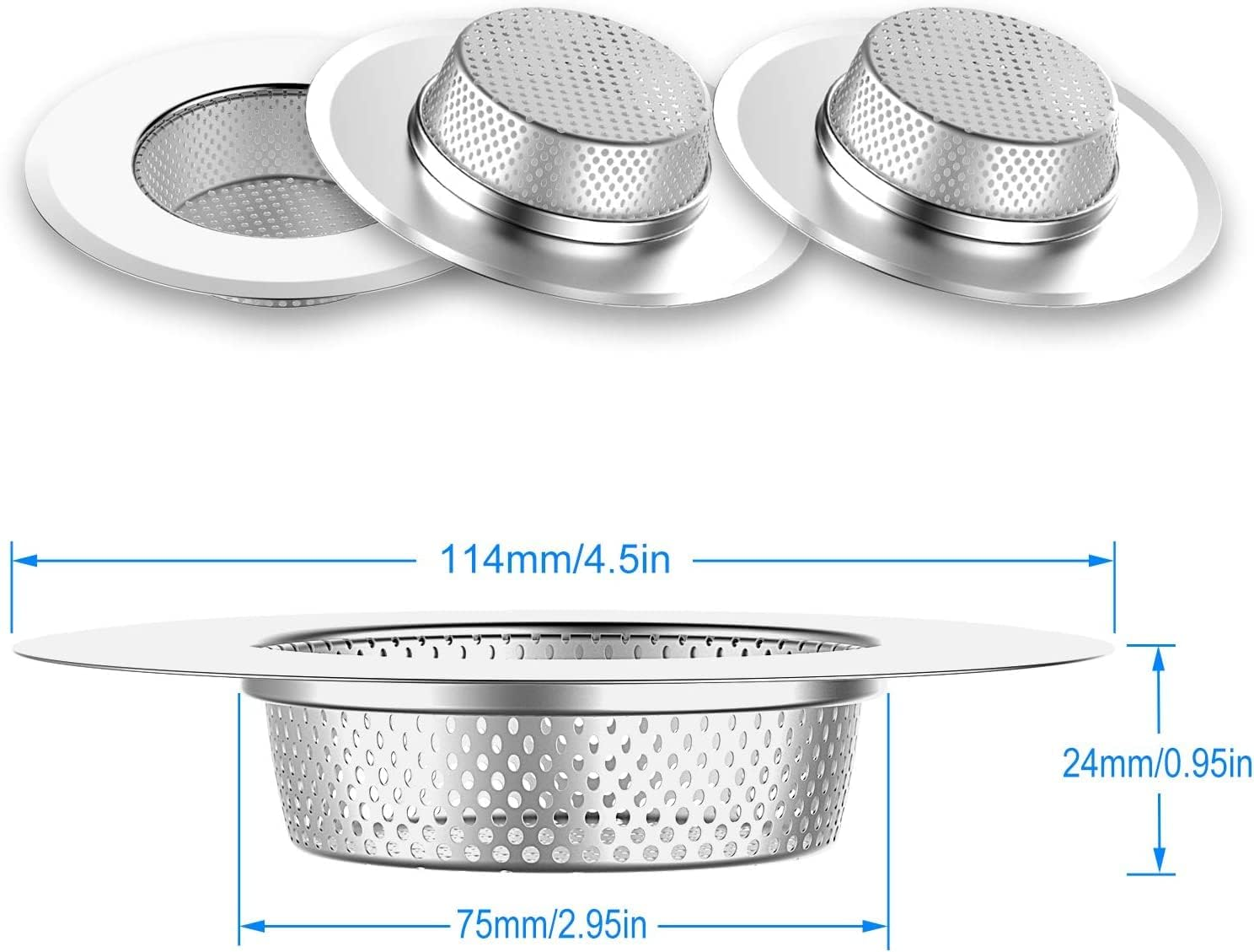 Helect 3-Pack Kitchen Sink Strainer Stainless Steel Drain Filter Strainer with Large Wide Rim 4.5" for Kitchen Sinks image number 5