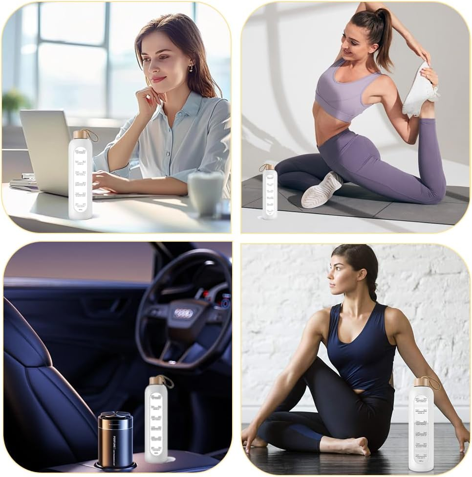 1000 ML Water Bottle, Time Marker Water Cup, Reusable Glass Tumbler, Motivational Water Bottles with Silicone Sleeve and Bamboo Lid, Drop Resistant Water Bottle for Gym Sports Outdoor image number 6