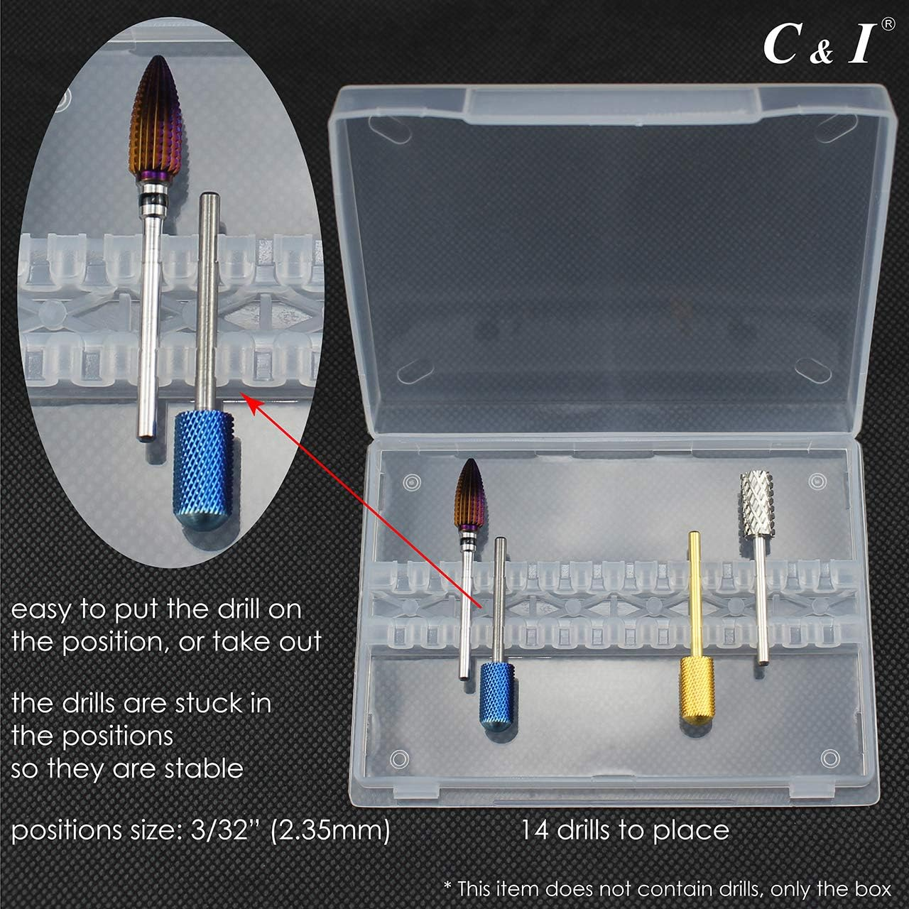 C & I Nail Drill Bit Holder, Max 14 Nail Drills Hold, Dustproof, Clear, Portable Mini Box, Easy to Carry-On, E-File Box (Drill Bits Not Include)