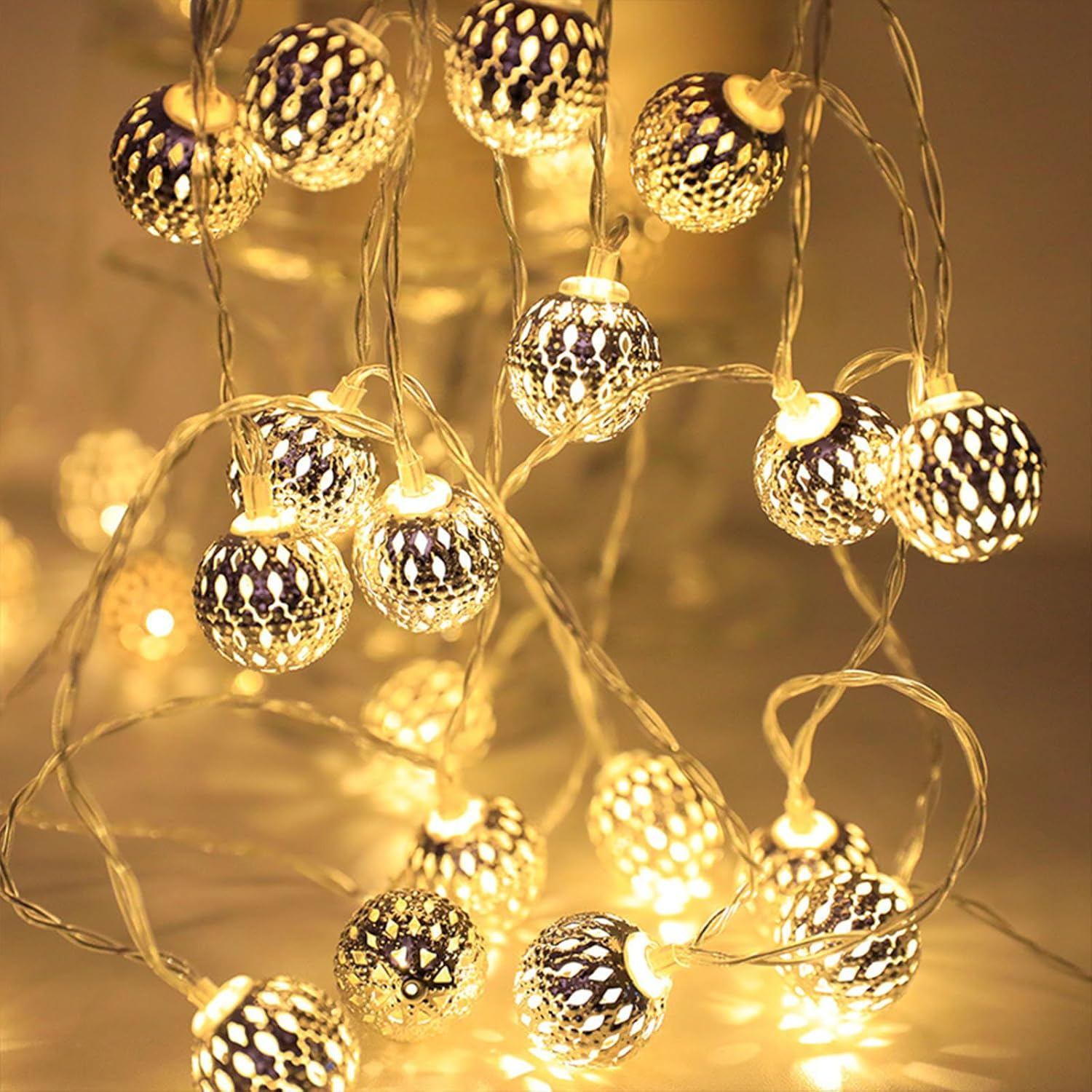 ENLACE Moroccan String Lights, 3 Meters 20 Leds Metal Balls Battery Operated for Indoor Outdoor Wedding Christmas Birthday Party Decoration Warm White image number 2