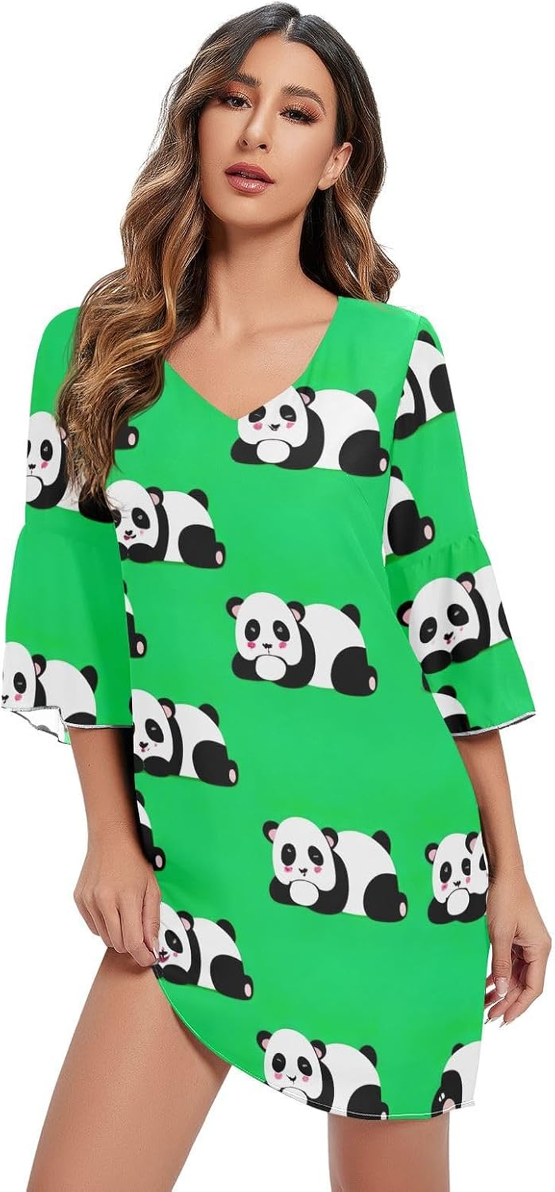 Cartoon Pandas Poses Green Casual V Neck Dress Printed Line Maternity Dress S-XXL image number 2