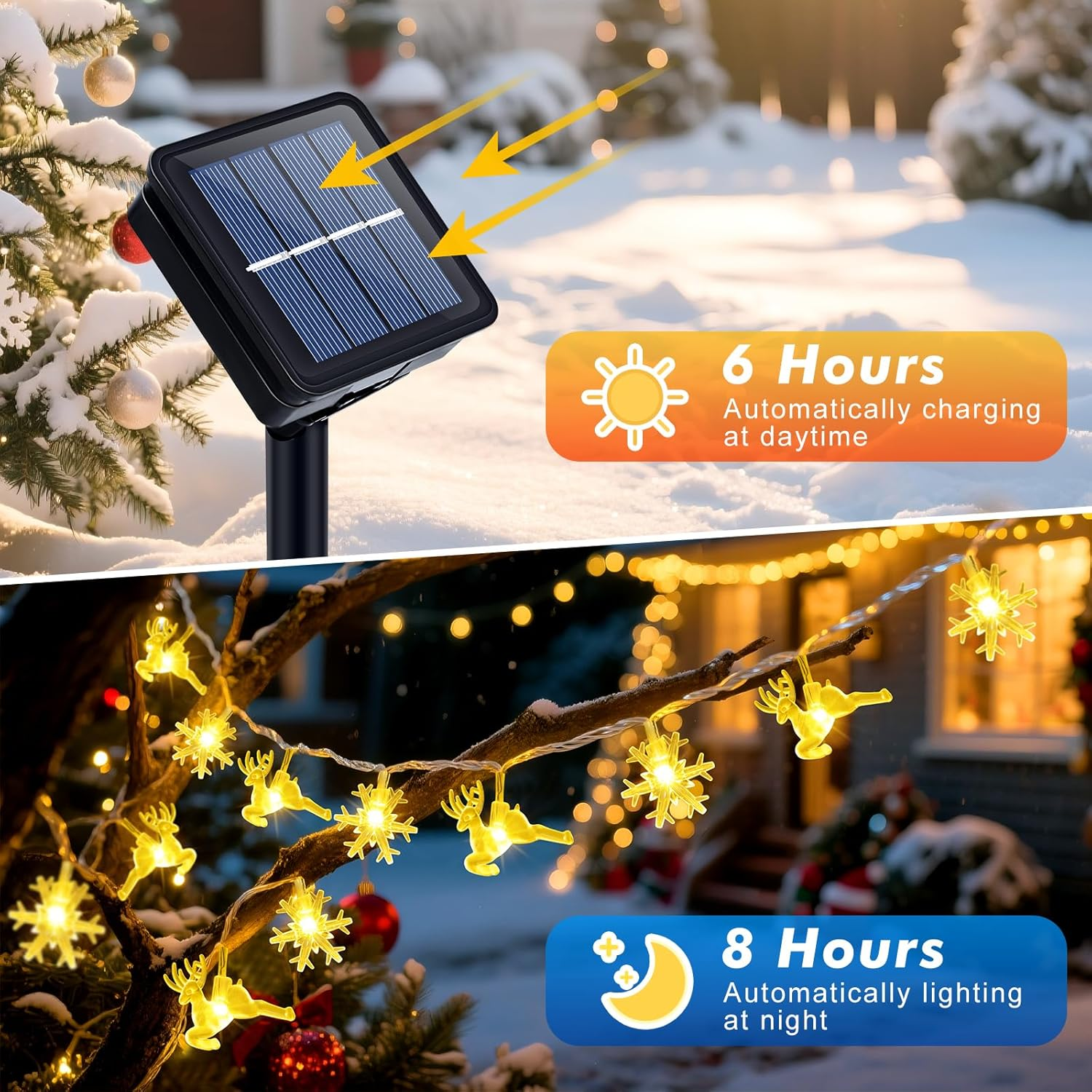 Qoosea Solar Snowflake Fairy Lights Christmas Outdoor, 7 M 50 LED Reindeer Solar Christmas Lighting IP65 Waterproof, 8 Modes Solar Lights, Christmas Decoration for Garden, Balcony, Wedding, Warm White image number 5