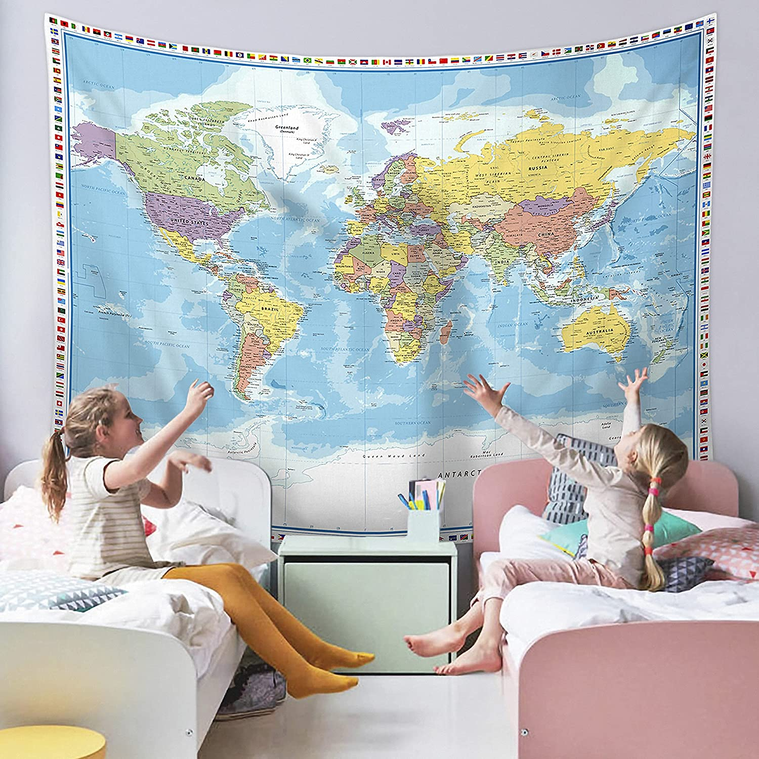 Large World Map Tapestry - Wall Hanging with Country Flags for Kids' Room, Classroom Decor - 60X80 In image number 2