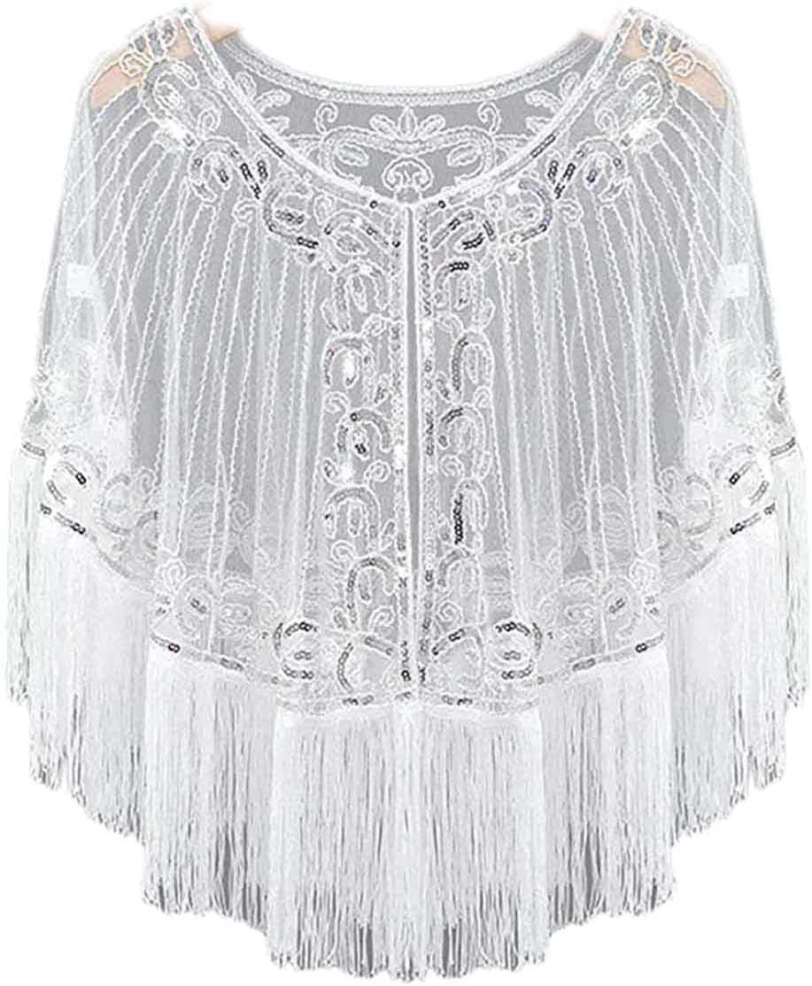Fringed Bridal Evening Cape Beaded Sequin Deco 1920S Wraps Shawl Capelet Bolero Flapper Cover Up - Black-Blue image number 5