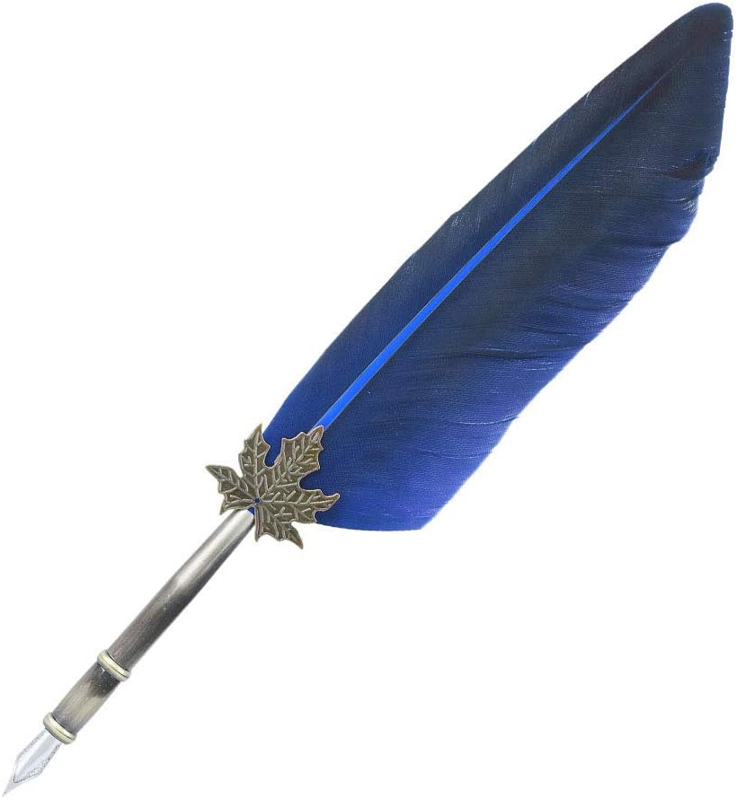 Feather Quill Pen Set, Retro English Calligraphy Dip Pen with 5 Alloy Nibs Antique Set Luxury Vintage Signature Lightweight Writing Ink Stationery Gift Box for Friend Teacher Family(Blue) - Orange image number 2