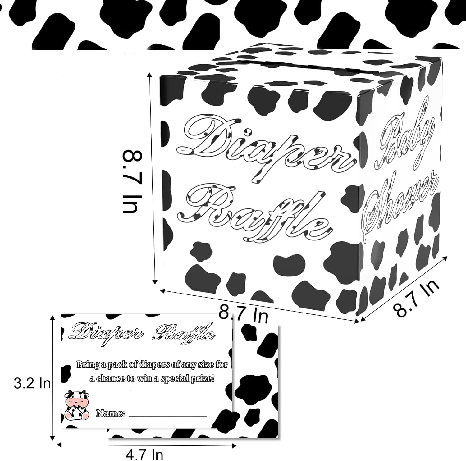 QISOLIY 50 Pieces Cow Baby Diaper Raffle Tickets with Box Baby Shower Game Invitations Cow Diaper Raffle Cards Diaper Raffle Box Set for Baby Shower Gender Reveal Farm Animal Party Supplies Card Box - Cow Print image number 5