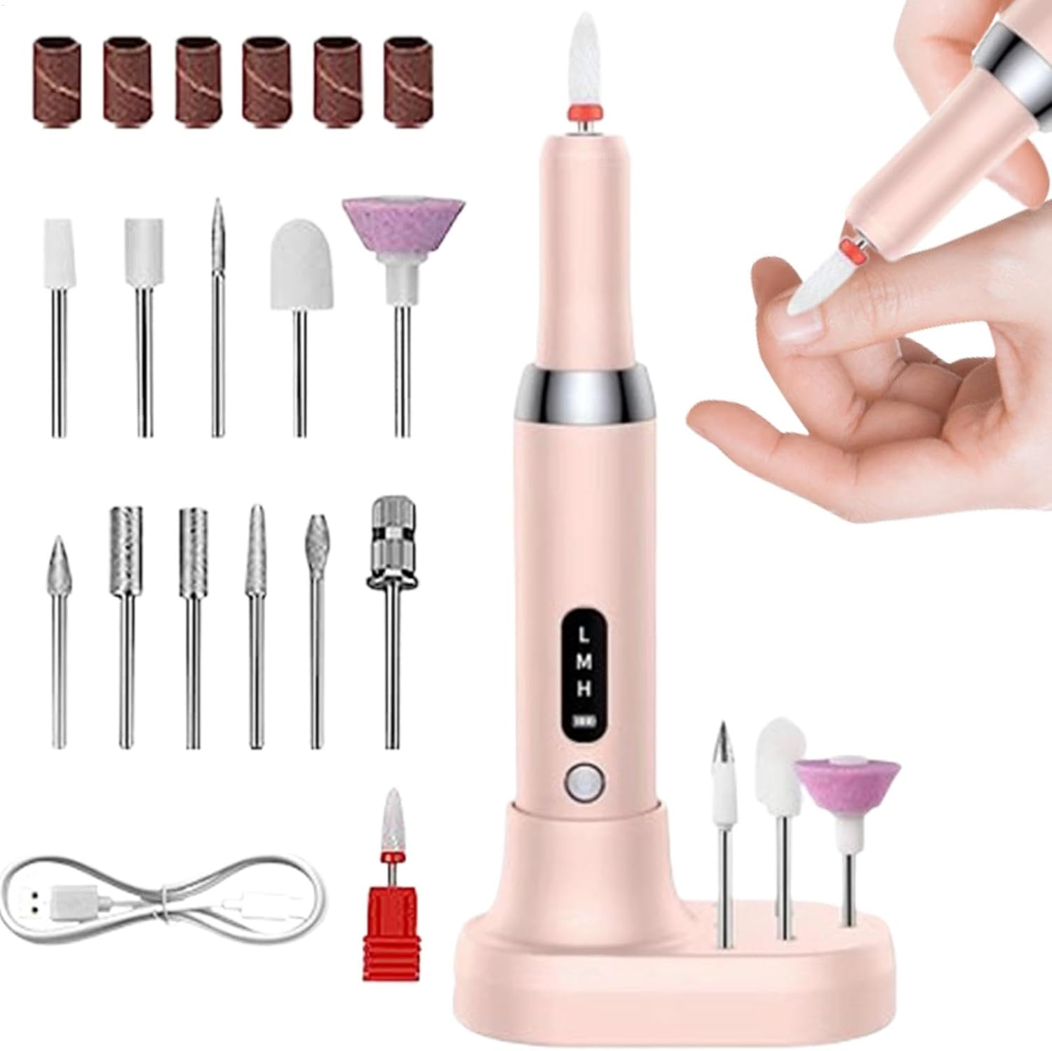 Electric Nail File - Professional Cordless Nail Drill, Adjustable Speed Nail Grinder | Rechargeable Nail Drill Machine with 12 Bits, Portable Manicure Tool for Acrylic, Gel & Natural Nails at Home - White image number 3