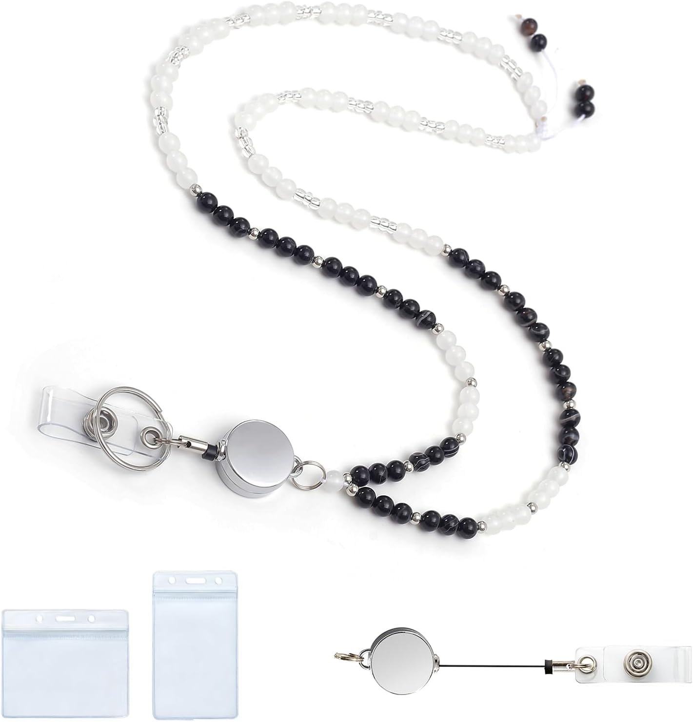 MORSUNBELA ID Card Holder Lanyard Work Card Lanyard Retractable Beaded for Women Badge Holders Keys Necklace Cute Long Lanyard Coffee Color