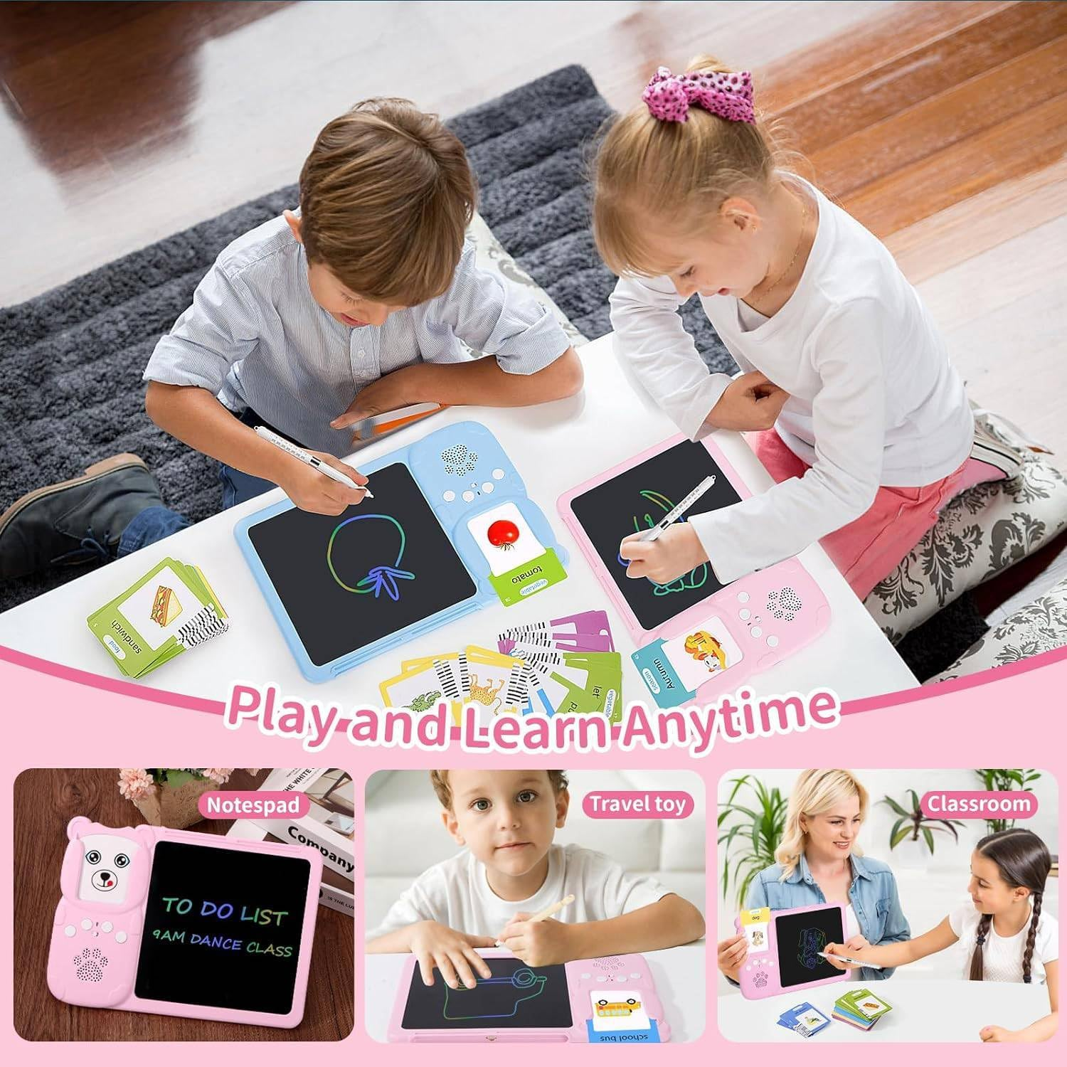LCD Writing Tablet for Kids, 510 Sight Words Talking Flash Cards, Montessori Toys, Sensory Toys for Autistic Children, Preschool Kids Toys Age 3 4 5 Years Old Boys & Girls Xmars Birthday Gift Pink