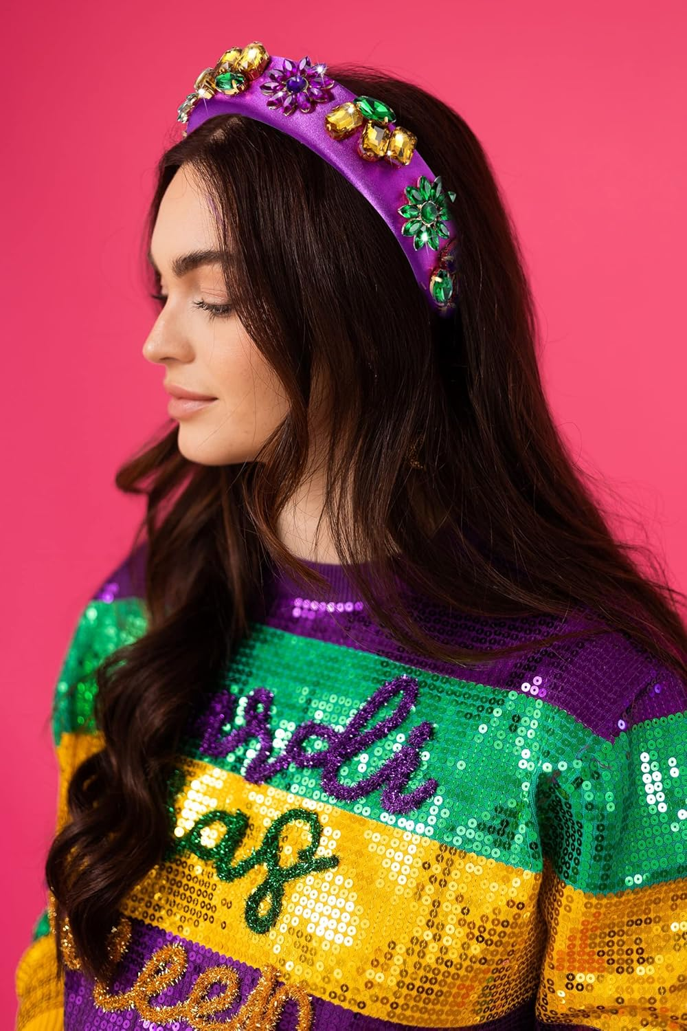 Mardi Gras Headband Sparkly Crystal Wide Purple Headband for Women Girls Mardi Gras Carnival Party Headpiece Hair Accessories Gift (Mardi Gras Purple Headband) image number 2