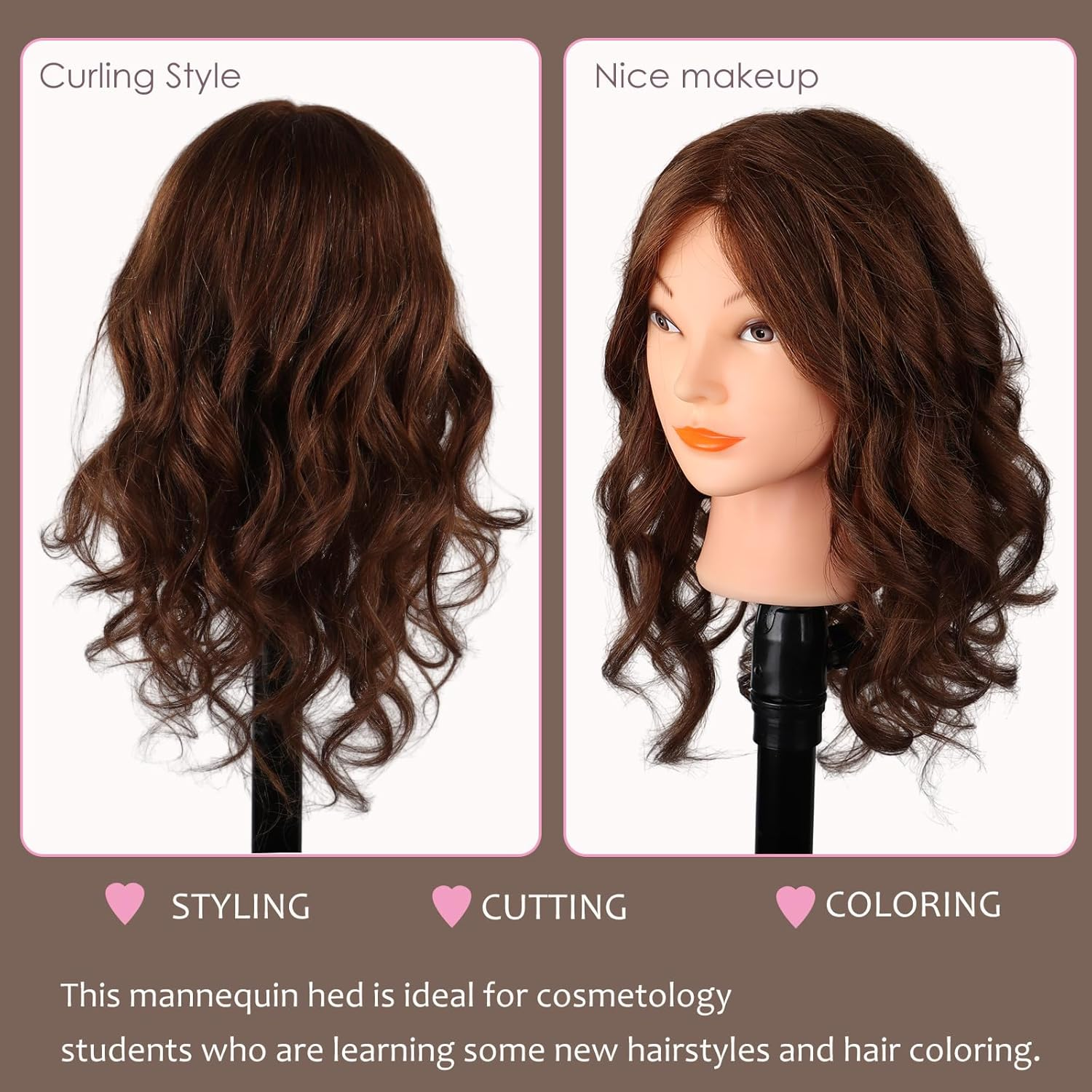 Mannequin Head with 100% Real Hair, 18" Dark Brown Natural Human Hair Hairdressing Doll Head for Practicing Hair Styling, Curling, Straightening, Coloring with Clamp & Styling Tools