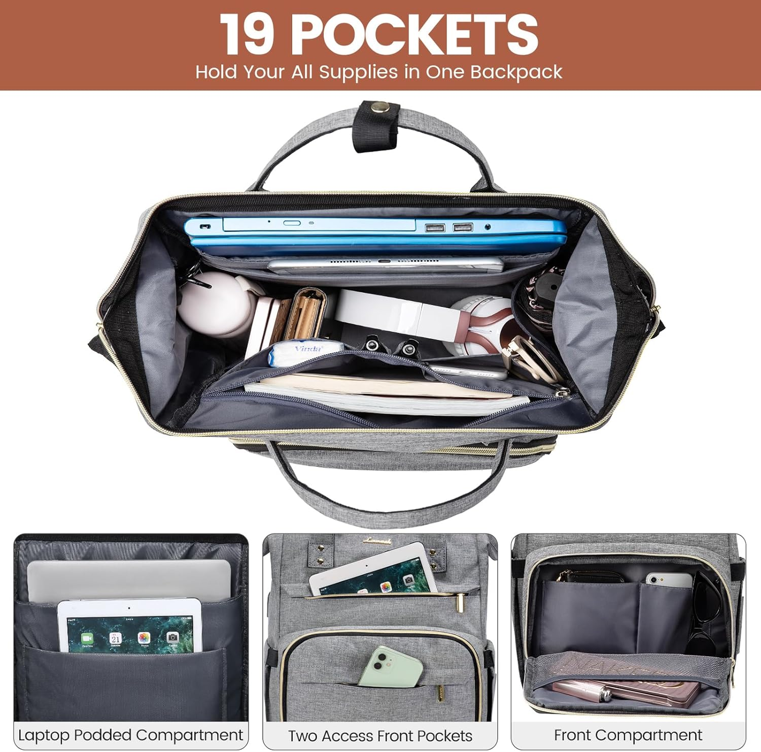 LOVEVOOK Laptop Backpack,15.6 Inch Professional Womens Purse Computer Bag Nurse Teacher Backpack,Waterproof College Work Bags Carry on Travel Back Pack with USB Port,Black - Dark Grey image number 7