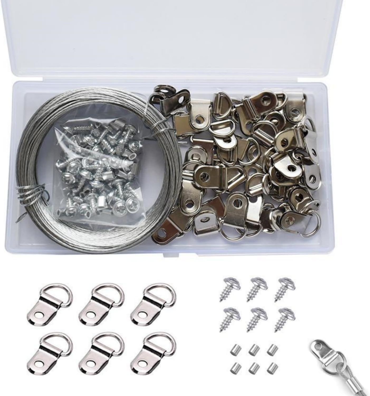 Picture Hanging Wire, 131 Pcs Picture Frame Hanging Wire with D Ring Hangers and Crimping Loop Sleeves Steel Rope for Mirror Clock for Mirror, Clock Frame, Artwork Hanging image number 3