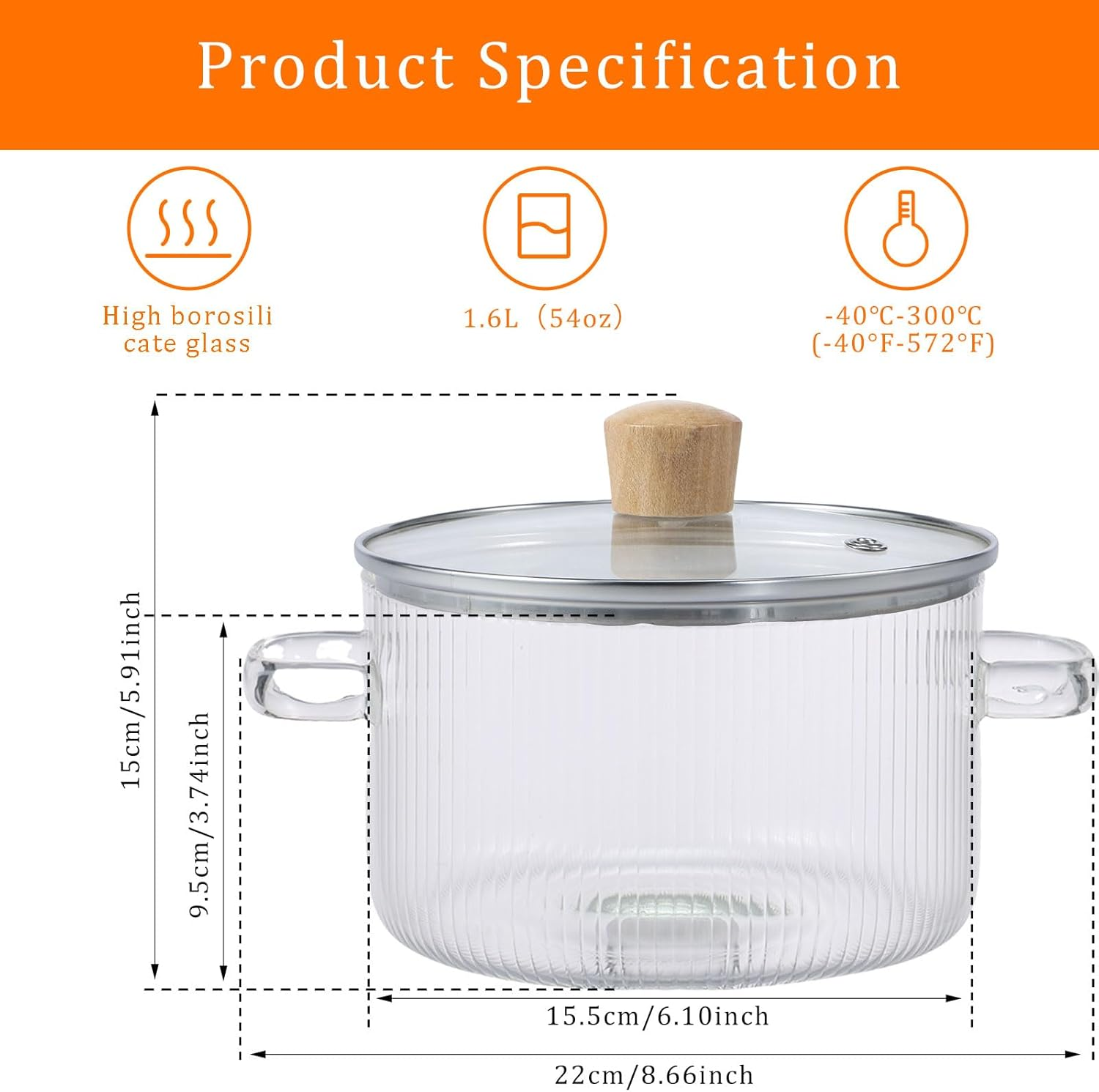Glass Cooking Pot with Lid, 1.6L/54Oz Heat Resistant Glass Saucepan with Double Handles, Non-Stick Borosilicate Glass Stovetop Pot Safe Clear Cooking Pot for Soup Milk Sauce Pasta Noodle(1.6 QT) image number 1