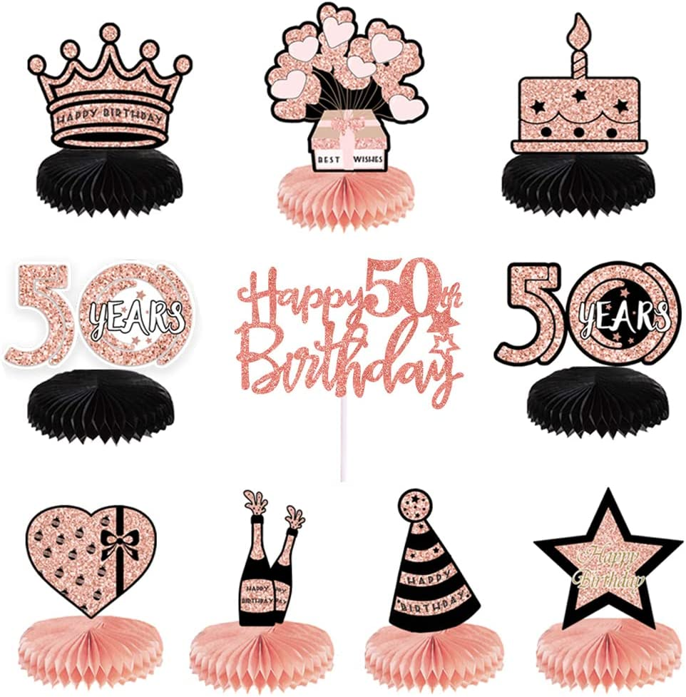 10 Pcs Happy 60Th Birthday Party Centerpieces Party Packs Honeycomb Table Decorations with Rose Gold Cake Topper for 60Th Birthday Decorations image number 6