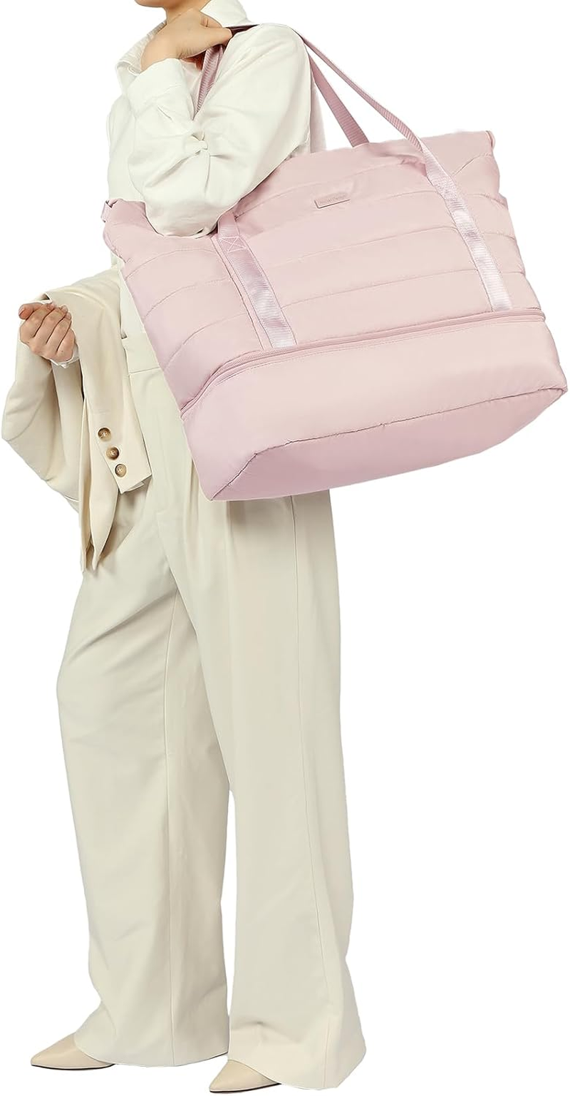 NISHEL Double-Layer Weekender Bags for Women, Personal Item Duffle Bag with Shoes Compartment, Large Capacity Travel Bag, Overnight Luggage Bag with Pocket, Pink image number 5